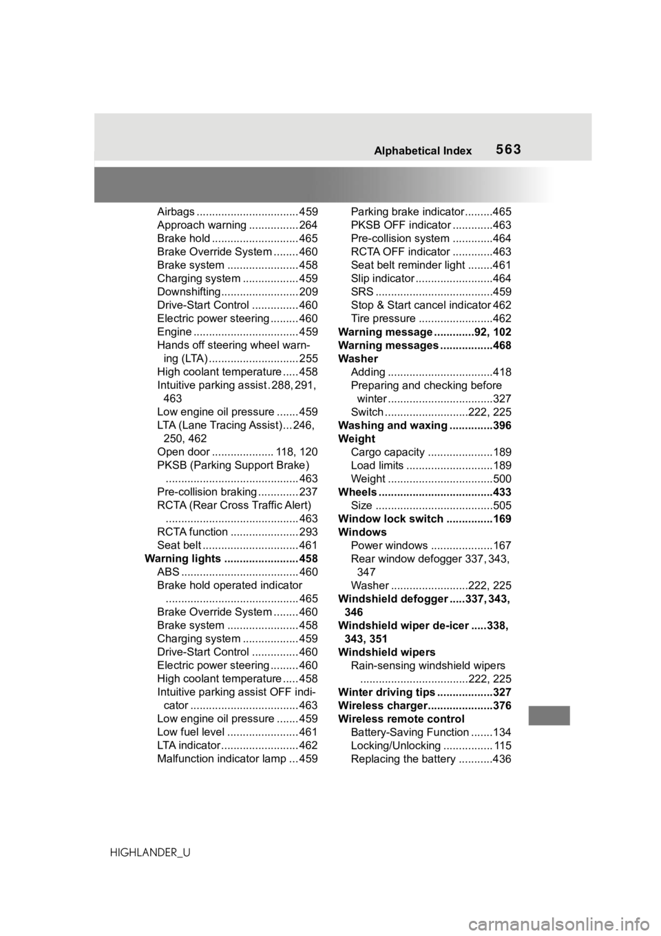 TOYOTA HIGHLANDER 2021  Owners Manual (in English) 563Alphabetical Index
HIGHLANDER_UAirbags ................................. 459
Approach warning ................ 264
Brake hold ............................ 465
Brake Override System ........ 460
Bra