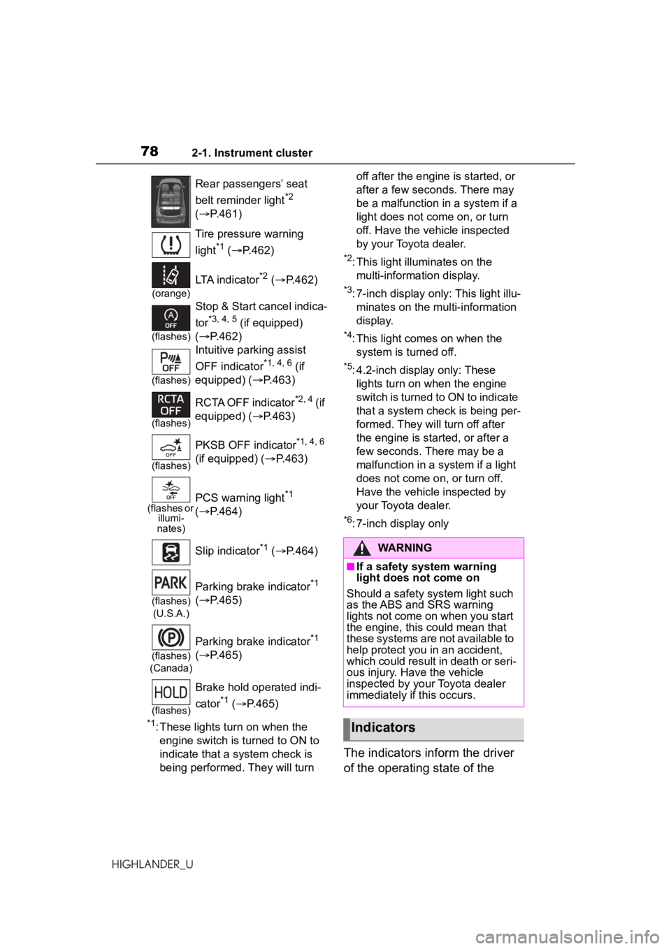 TOYOTA HIGHLANDER 2021  Owners Manual (in English) 782-1. Instrument cluster
HIGHLANDER_U
*1: These lights turn on when the engine switch is turned to ON to 
indicate that a system check is 
being performed. They will turn  off after the engine is sta
