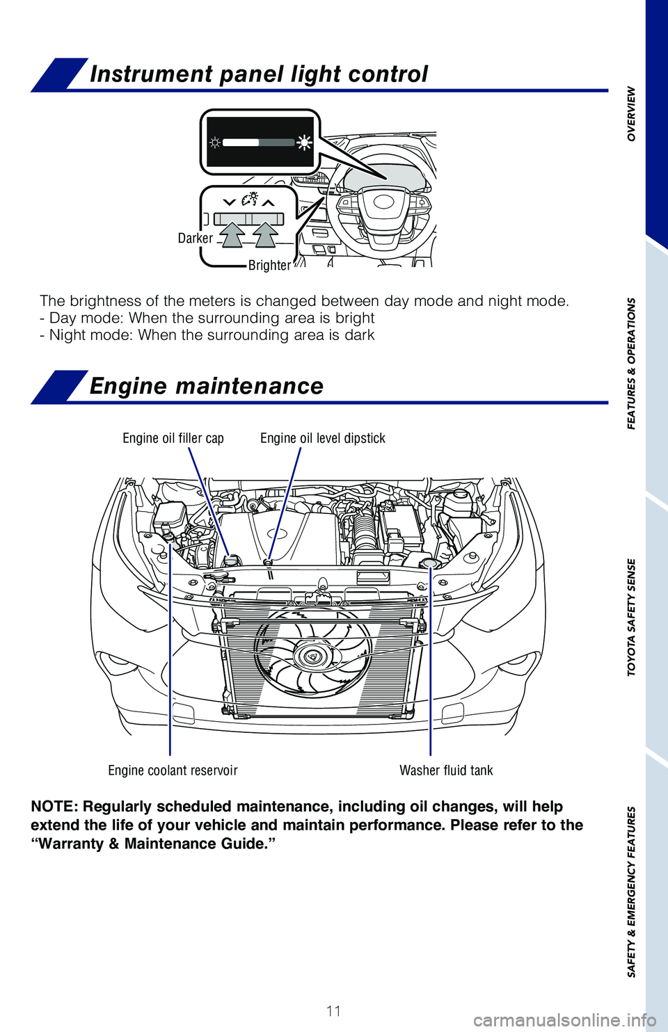 TOYOTA HIGHLANDER 2021 Owners Manual (in English) 11
OVERVIEW
FEATURES & OPERATIONS
TOYOTA SAFETY SENSE
SAFETY & EMERGENCY FEATURES
NOTE: Regularly scheduled maintenance, including oil changes, will help
extend the life of your vehicle and maintain TOYOTA HIGHLANDER 2021 Owners Manual (in English) 11
OVERVIEW
FEATURES & OPERATIONS
TOYOTA SAFETY SENSE
SAFETY & EMERGENCY FEATURES
NOTE: Regularly scheduled maintenance, including oil changes, will help
extend the life of your vehicle and maintain