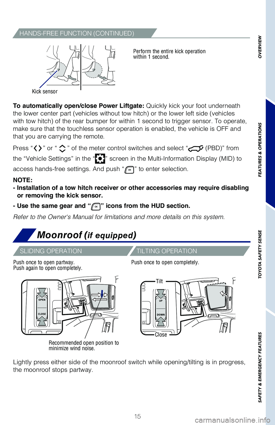 TOYOTA HIGHLANDER 2021 Owners Manual (in English) 15
OVERVIEW
FEATURES
& OPERATIONS
TOYOTA
SAFETY
SENSE
SAFETY
& EMERGENCY
FEATURES
HANDS-FREE FUNCTION (CONTINUED)
Perform the entire kick operationwithin 1 second.
Kick sensor
To automatically op TOYOTA HIGHLANDER 2021 Owners Manual (in English) 15
OVERVIEW
FEATURES
& OPERATIONS
TOYOTA
SAFETY
SENSE
SAFETY
& EMERGENCY
FEATURES
HANDS-FREE FUNCTION (CONTINUED)
Perform the entire kick operationwithin 1 second.
Kick sensor
To automatically op