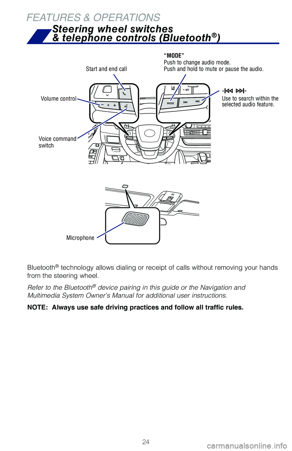 TOYOTA HIGHLANDER 2021   (in English) Owners Manual 24
Bluetooth® technology allows dialing or receipt of calls without removing your hands 
from the steering wheel. 
Refer to the Bluetooth® device pairing in this guide or the Navigation and 
Multime