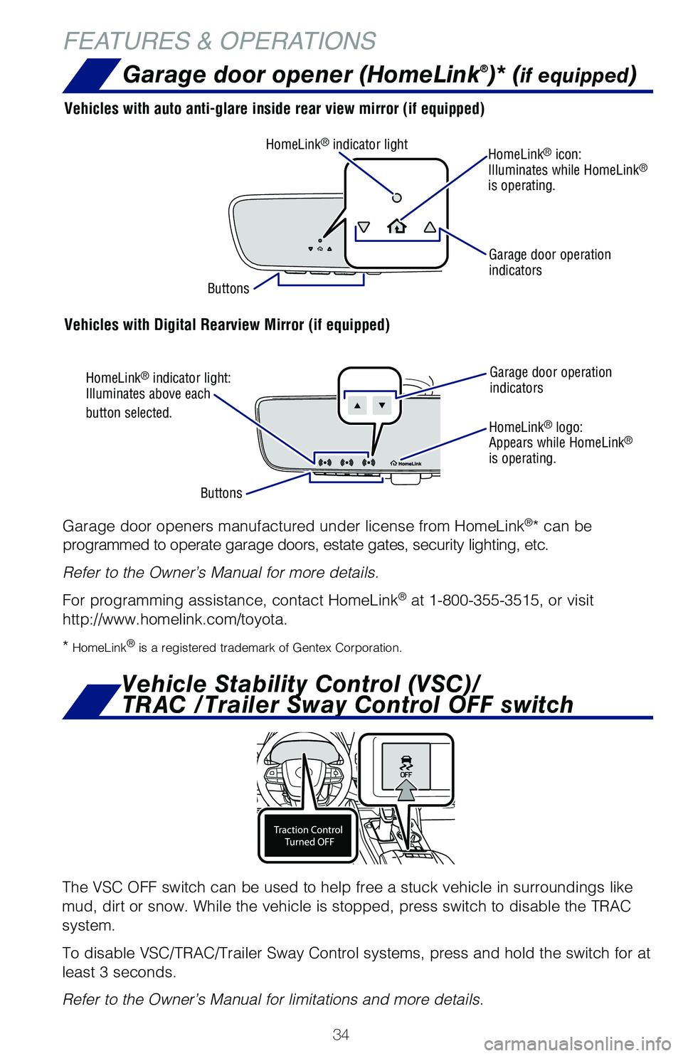 TOYOTA HIGHLANDER 2021 (in English) Owners Guide 34
FEATURES & OPERATIONS
Garage door opener (HomeLink®)* (if equipped)
Garage door openers manufactured under license from HomeLink®* can be
programmed to operate garage doors, estate gates, securi TOYOTA HIGHLANDER 2021 (in English) Owners Guide 34
FEATURES & OPERATIONS
Garage door opener (HomeLink®)* (if equipped)
Garage door openers manufactured under license from HomeLink®* can be
programmed to operate garage doors, estate gates, securi