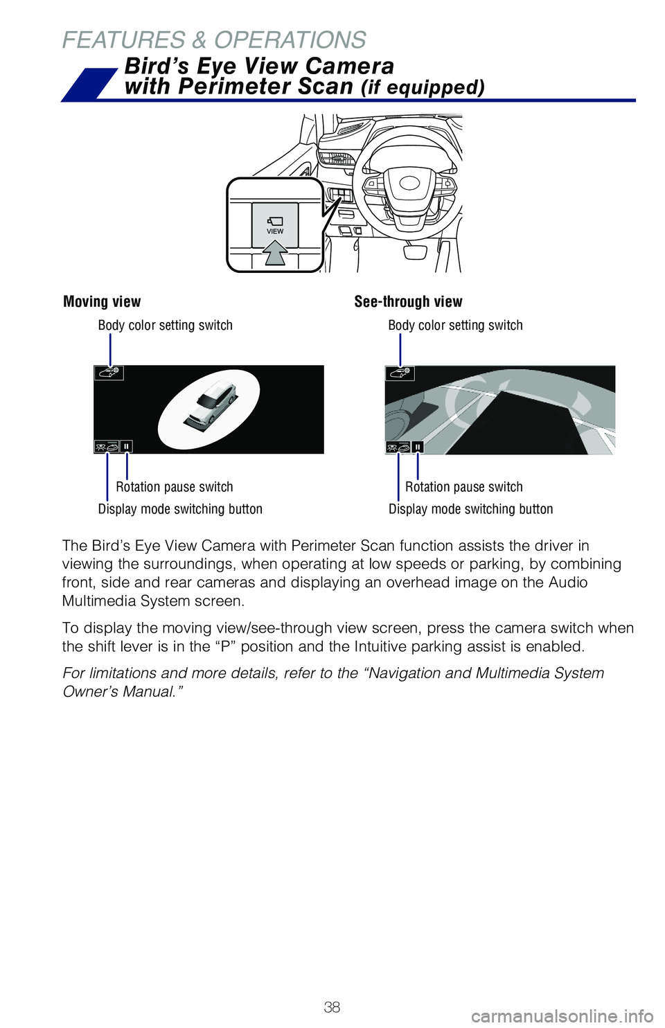 TOYOTA HIGHLANDER 2021 (in English) Owners Guide 38
FEATURES & OPERATIONS
Display mode switching button
Body color setting switchBody color setting switch
Display mode switching button
Rotation pause switchRotation pause switch
The Bird’s Eye View TOYOTA HIGHLANDER 2021 (in English) Owners Guide 38
FEATURES & OPERATIONS
Display mode switching button
Body color setting switchBody color setting switch
Display mode switching button
Rotation pause switchRotation pause switch
The Bird’s Eye View