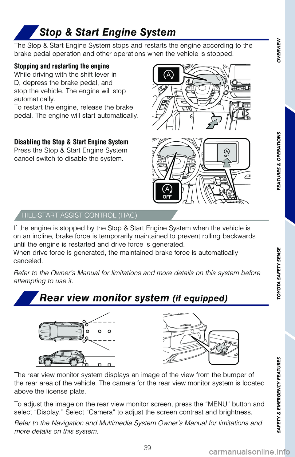 TOYOTA HIGHLANDER 2021 Owners Manual (in English) 39
OVERVIEW
FEATURES & OPERATIONS
TOYOTA SAFETY SENSE
SAFETY & EMERGENCY FEATURES
The Stop & Start Engine System stops and restarts the engine according to the
brake pedal operation and other operati TOYOTA HIGHLANDER 2021 Owners Manual (in English) 39
OVERVIEW
FEATURES & OPERATIONS
TOYOTA SAFETY SENSE
SAFETY & EMERGENCY FEATURES
The Stop & Start Engine System stops and restarts the engine according to the
brake pedal operation and other operati