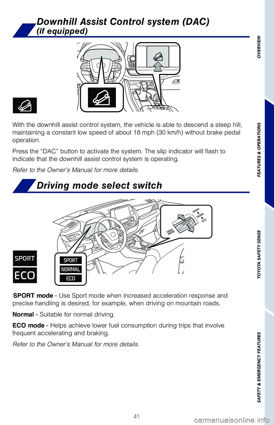 TOYOTA HIGHLANDER 2021 (in English) Service Manual 41
OVERVIEW
FEATURES & OPERATIONS
TOYOTA SAFETY SENSE
SAFETY & EMERGENCY FEATURES
Downhill Assist Control system (DAC)
(if equipped)
With the downhill assist control system, the vehicle is able to de TOYOTA HIGHLANDER 2021 (in English) Service Manual 41
OVERVIEW
FEATURES & OPERATIONS
TOYOTA SAFETY SENSE
SAFETY & EMERGENCY FEATURES
Downhill Assist Control system (DAC)
(if equipped)
With the downhill assist control system, the vehicle is able to de
