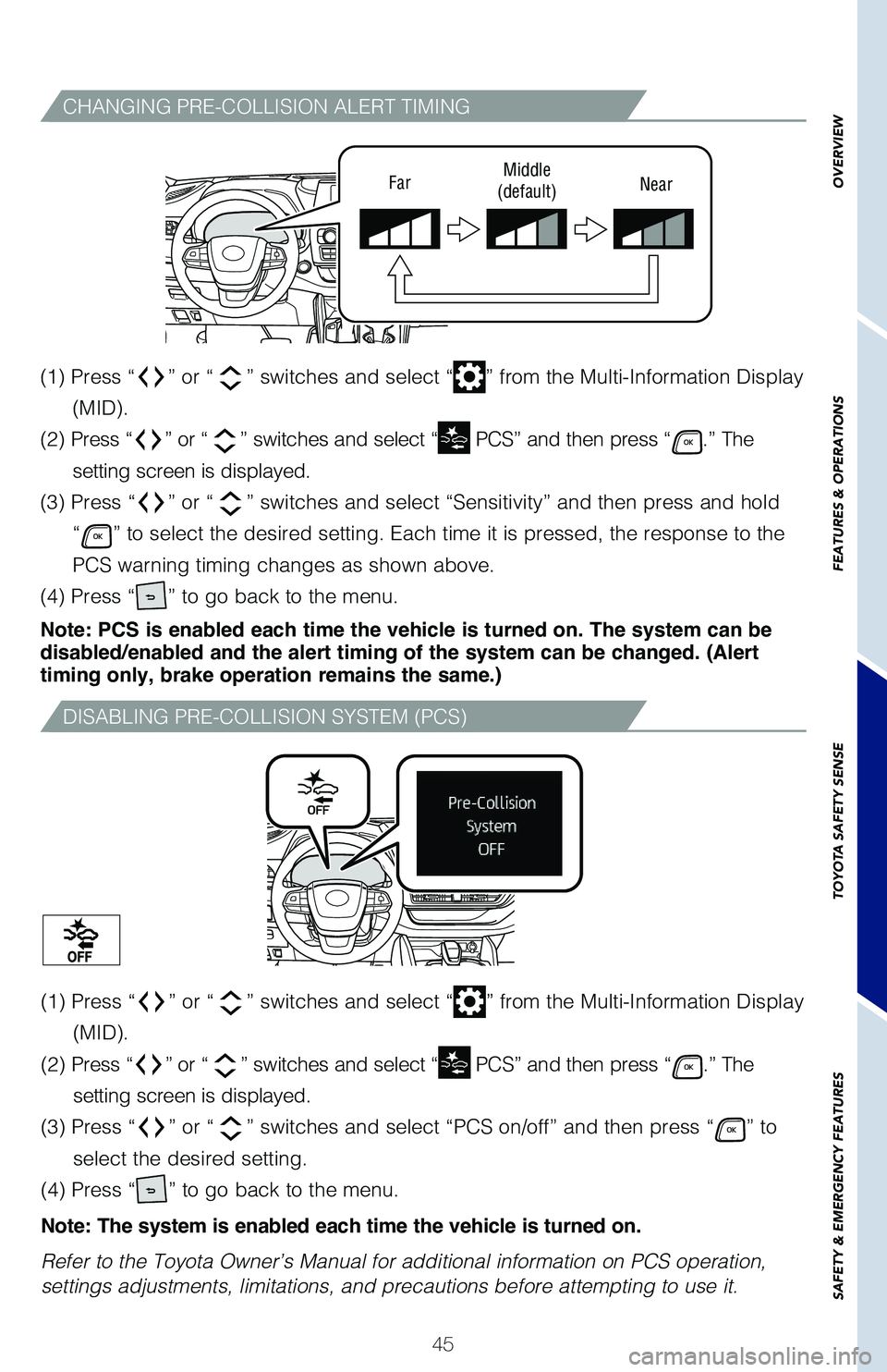 TOYOTA HIGHLANDER 2021 (in English) Service Manual 45
CHANGING PRE-COLLISION ALERT TIMING
DISABLING PRE-COLLISION SYSTEM (PCS)
FarMiddle(default)Near
(1) Press “” or “” switches and select “” from the Multi-Information Display
(MID).
(2 TOYOTA HIGHLANDER 2021 (in English) Service Manual 45
CHANGING PRE-COLLISION ALERT TIMING
DISABLING PRE-COLLISION SYSTEM (PCS)
FarMiddle(default)Near
(1) Press “” or “” switches and select “” from the Multi-Information Display
(MID).
(2