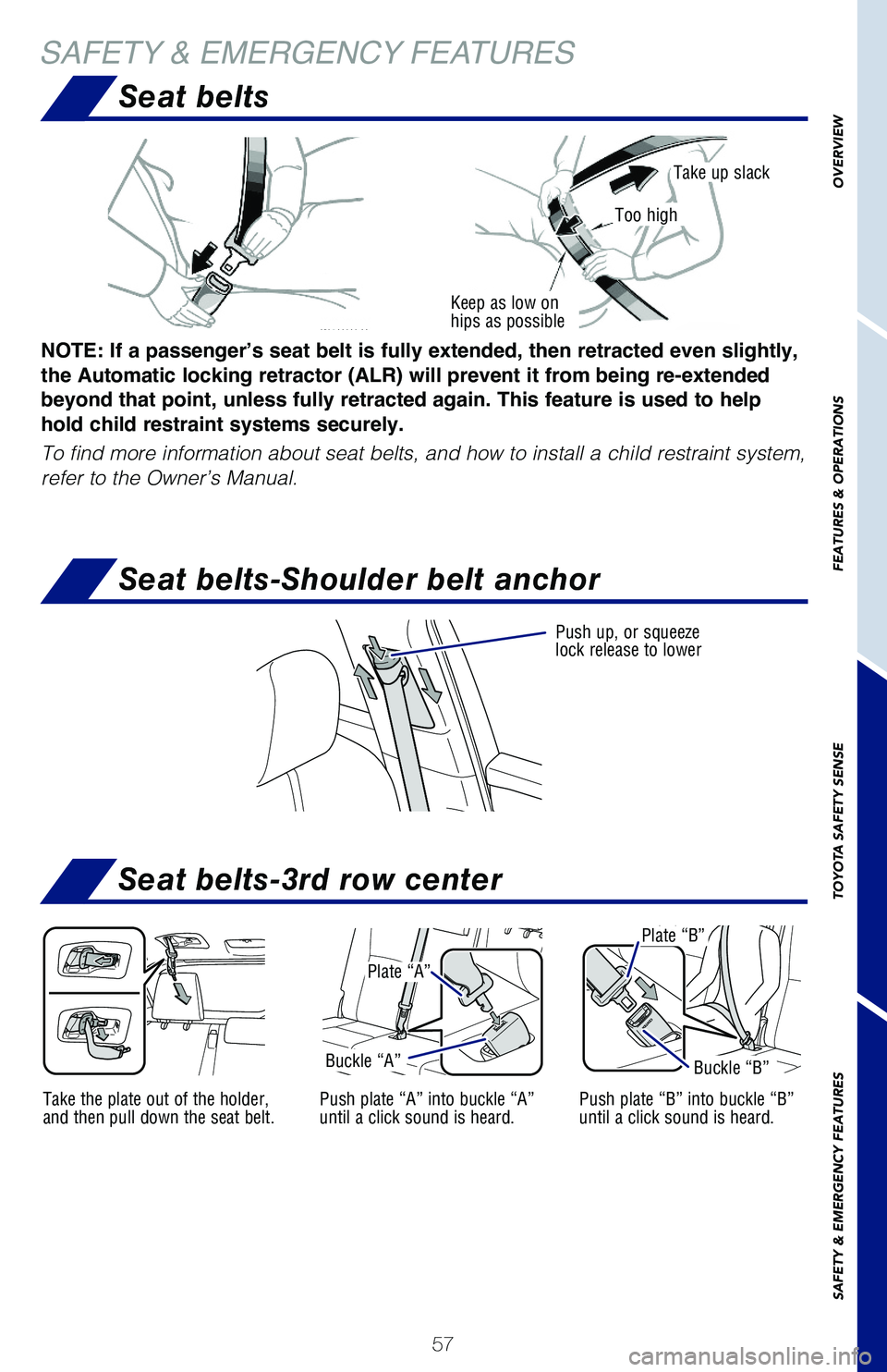 TOYOTA HIGHLANDER 2021  Owners Manual (in English) 57
OVERVIEW
FEATURES & OPERATIONS
TOYOTA SAFETY SENSE
SAFETY & EMERGENCY FEATURES
SAFETY & EMERGENCY FEATURES
Push up, or squeeze lock release to lower
Seat belts
Seat belts-3rd row center
Seat belts-