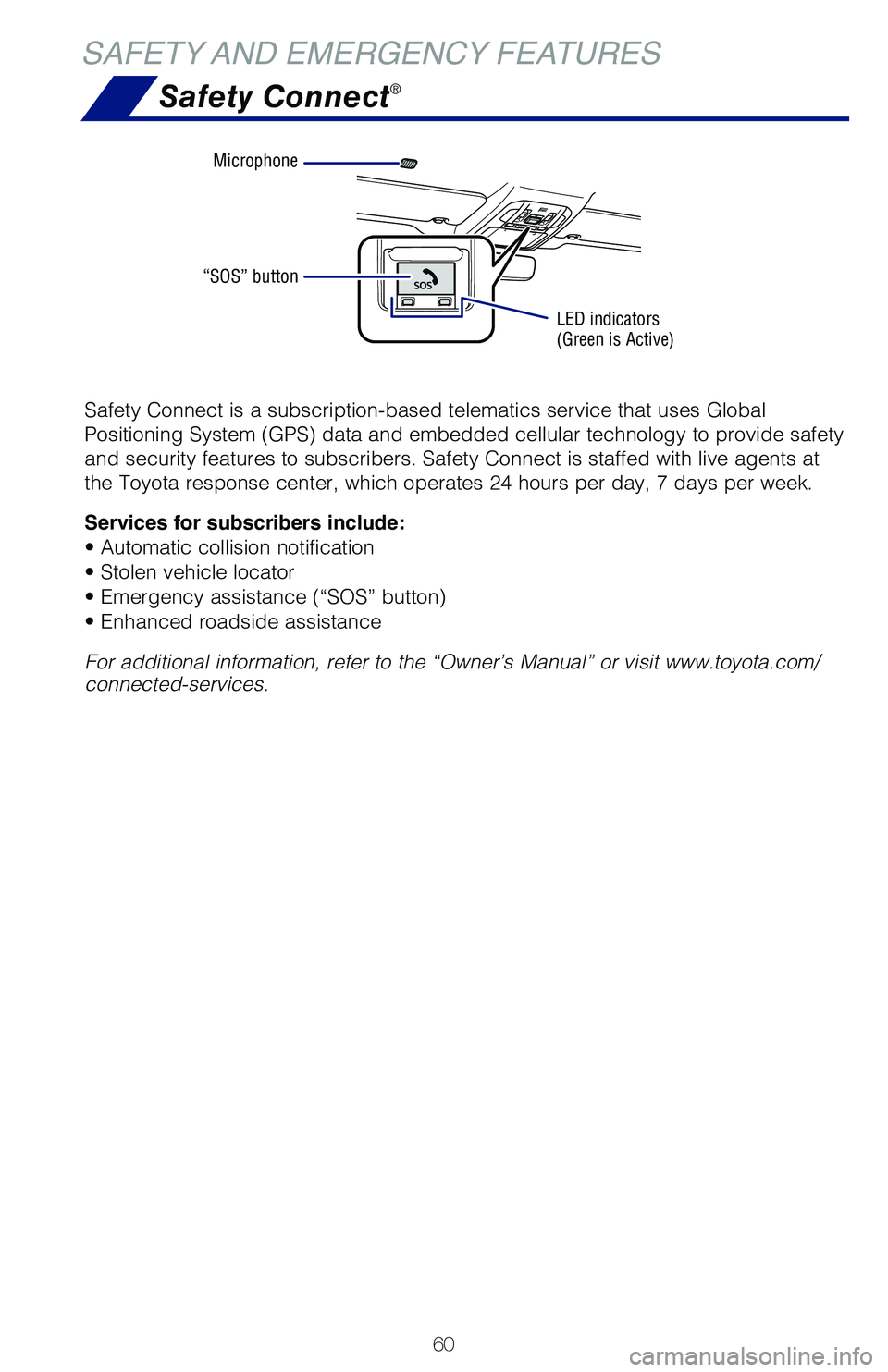 TOYOTA HIGHLANDER 2021   (in English) Repair Manual 60
SAFETY AND EMERGENCY FEATURES
Safety Connect®
Safety Connect is a subscription-based telematics service that uses Global 
Positioning System (GPS) data and embedded cellular technology to provide 