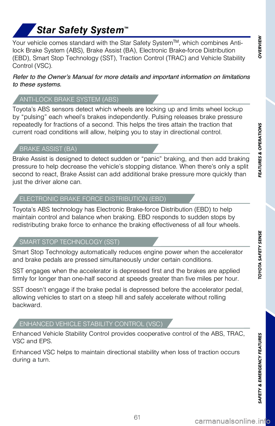 TOYOTA HIGHLANDER 2021  Owners Manual (in English) 61
Star Safety System™
Your vehicle comes standard with the Star Safety SystemTM, which combines Anti-
lock Brake System (ABS), Brake Assist (BA), Electronic Brake-force Distribution 
(EBD), Smart S