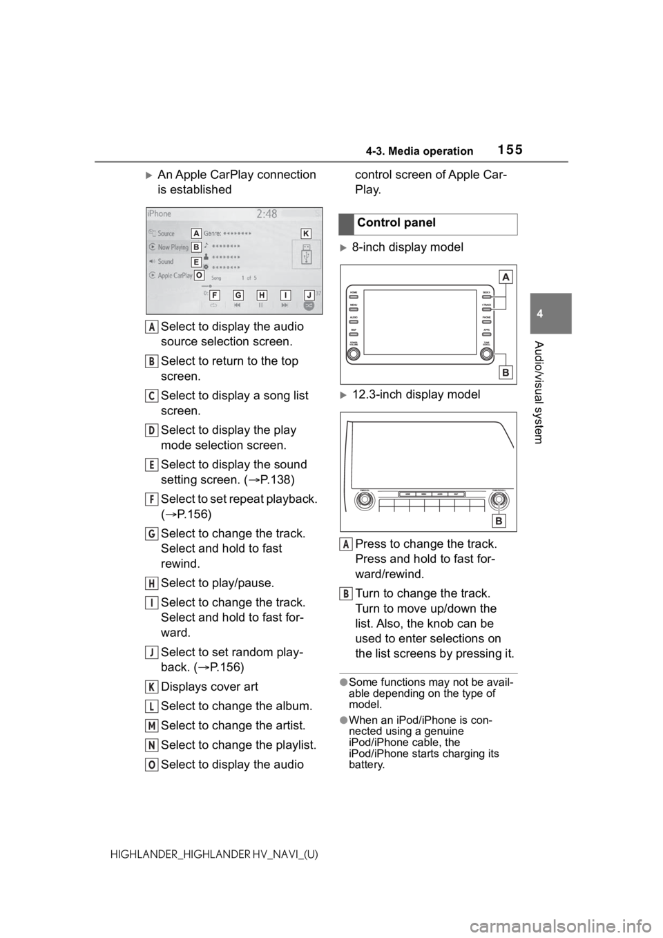 TOYOTA HIGHLANDER 2021 Accessories, Audio & Navigation (in English) 1554-3. Media operation
4
Audio/visual system
HIGHLANDER_HIGHLANDER HV_NAVI_(U)
An Apple CarPlay connection
is establishedSelect to display the audio
source selection screen.
Select to return to TOYOTA HIGHLANDER 2021 Accessories, Audio & Navigation (in English) 1554-3. Media operation
4
Audio/visual system
HIGHLANDER_HIGHLANDER HV_NAVI_(U)
An Apple CarPlay connection
is establishedSelect to display the audio
source selection screen.
Select to return to