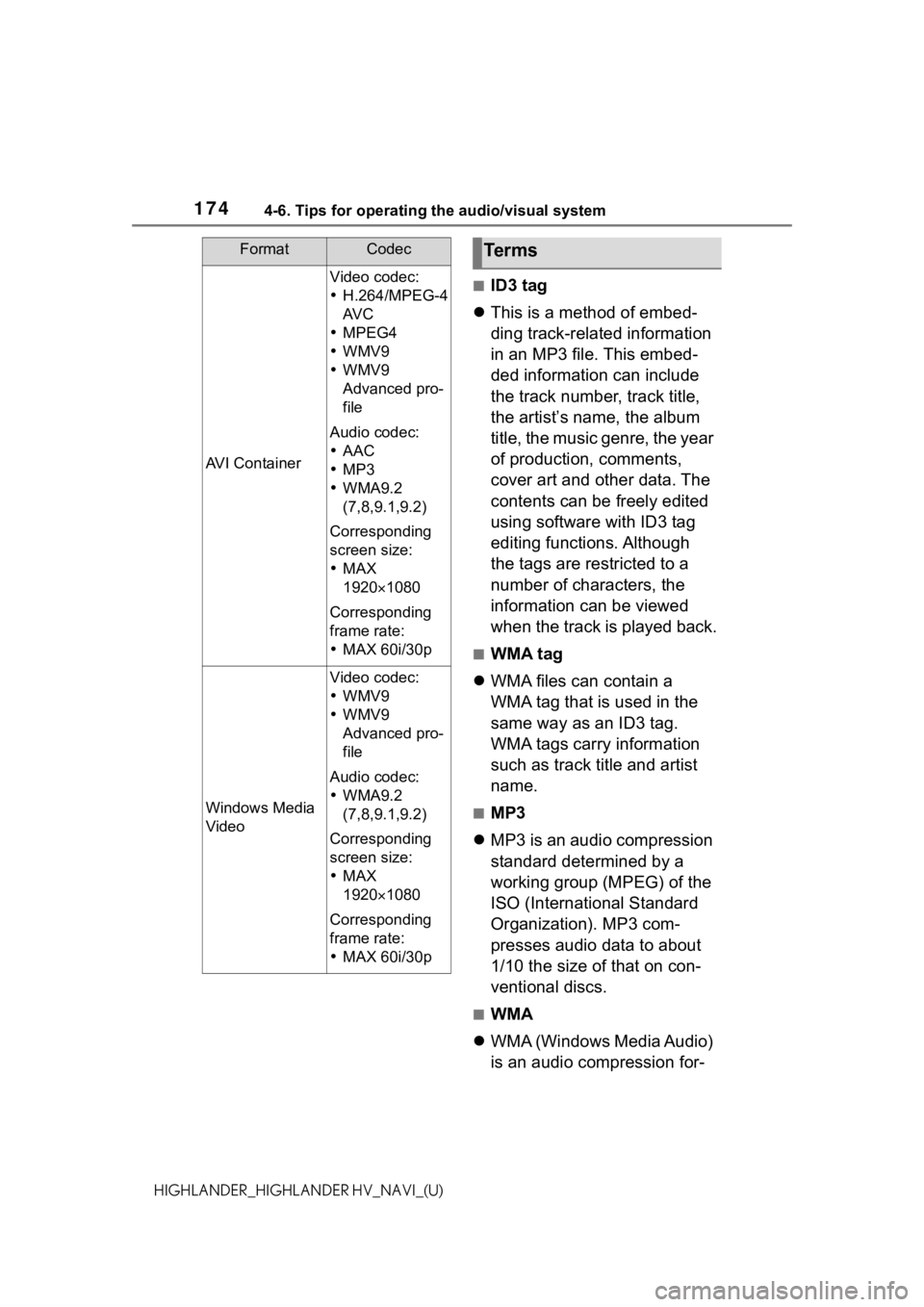 TOYOTA HIGHLANDER 2021 Accessories, Audio & Navigation (in English) 1744-6. Tips for operating the audio/visual system
HIGHLANDER_HIGHLANDER HV_NAVI_(U)
■ID3 tag
This is a method of embed-
ding track-related information
in an MP3 file. This embed-
ded informati TOYOTA HIGHLANDER 2021 Accessories, Audio & Navigation (in English) 1744-6. Tips for operating the audio/visual system
HIGHLANDER_HIGHLANDER HV_NAVI_(U)
■ID3 tag
This is a method of embed-
ding track-related information
in an MP3 file. This embed-
ded informati