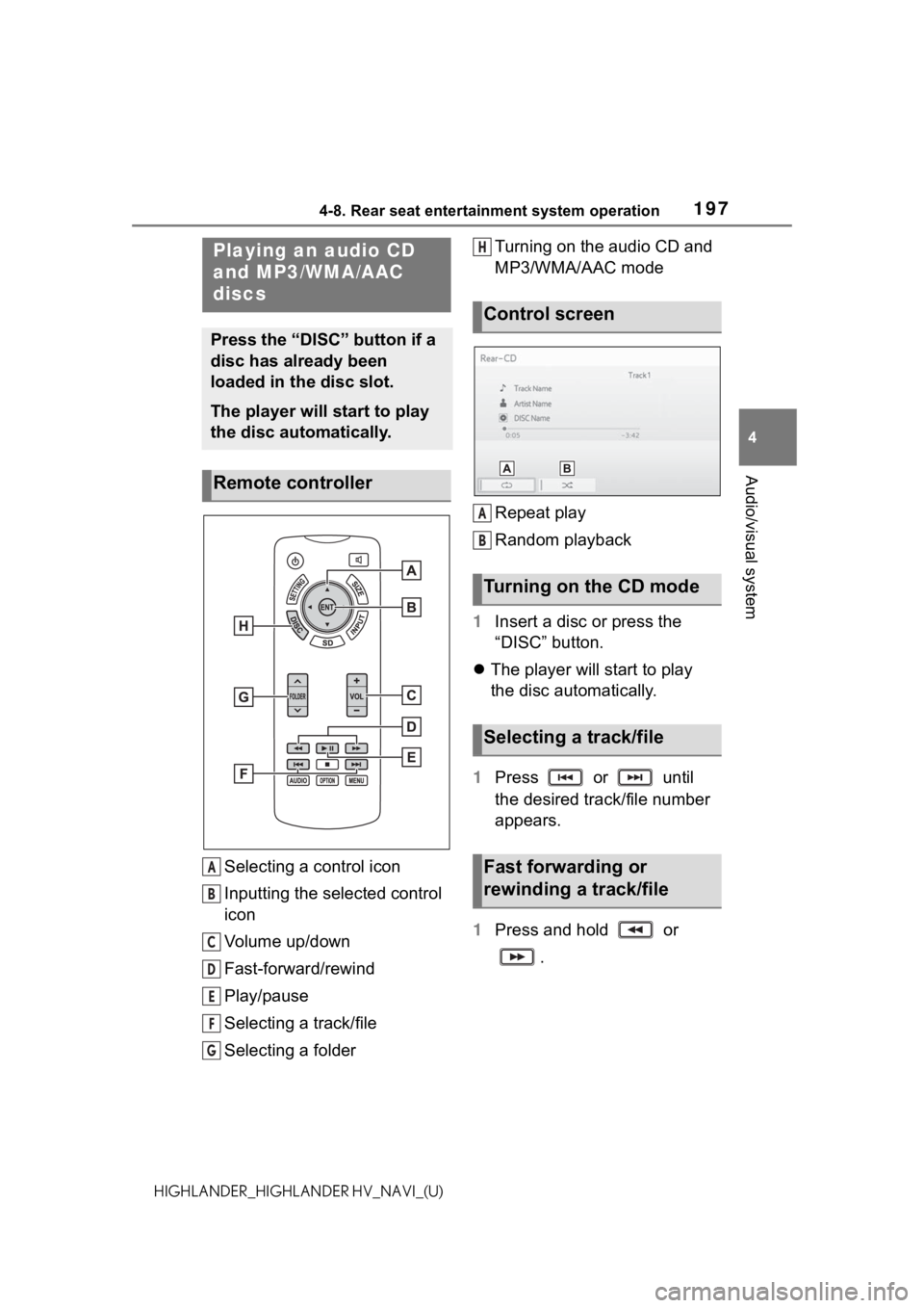 TOYOTA HIGHLANDER 2021 Accessories, Audio & Navigation (in English) 1974-8. Rear seat entertainment system operation
4
Audio/visual system
HIGHLANDER_HIGHLANDER HV_NAVI_(U)
Selecting a control icon
Inputting the selected control
icon
Volume up/down
Fast-forward/rewin TOYOTA HIGHLANDER 2021 Accessories, Audio & Navigation (in English) 1974-8. Rear seat entertainment system operation
4
Audio/visual system
HIGHLANDER_HIGHLANDER HV_NAVI_(U)
Selecting a control icon
Inputting the selected control
icon
Volume up/down
Fast-forward/rewin