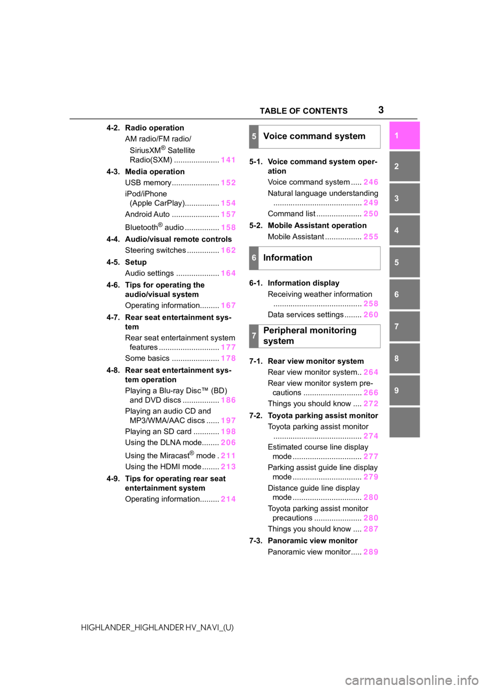 TOYOTA HIGHLANDER 2021  Accessories, Audio & Navigation (in English) 3 TABLE OF CONTENTS
1
2
3
4
5
6
7
8
9
HIGHLANDER_HIGHLANDER HV_NAVI_(U)
4-2. Radio operation AM radio/FM radio/
SiriusXM
® Satellite 
Radio(SXM) ..................... 141
4-3. Media operation USB mem