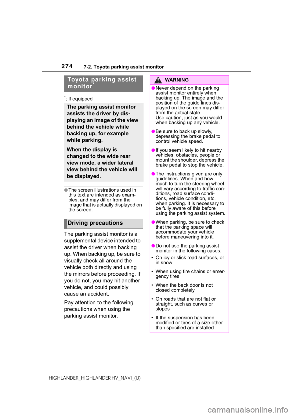 TOYOTA HIGHLANDER 2021  Accessories, Audio & Navigation (in English) 2747-2. Toyota parking assist monitor
HIGHLANDER_HIGHLANDER HV_NAVI_(U)
7-2.Toyota parking assist monitor
*: If equipped
●The screen illustrations used in 
this text are intended as exam-
ples, and 