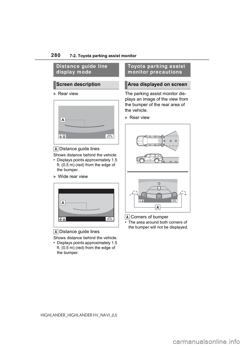 TOYOTA HIGHLANDER 2021 Accessories, Audio & Navigation (in English) 2807-2. Toyota parking assist monitor
HIGHLANDER_HIGHLANDER HV_NAVI_(U)
Rear viewDistance guide lines
Shows distance behind the vehicle.
• Displays points approximately 1.5 ft. (0.5 m) (red) f r TOYOTA HIGHLANDER 2021 Accessories, Audio & Navigation (in English) 2807-2. Toyota parking assist monitor
HIGHLANDER_HIGHLANDER HV_NAVI_(U)
Rear viewDistance guide lines
Shows distance behind the vehicle.
• Displays points approximately 1.5 ft. (0.5 m) (red) f r
