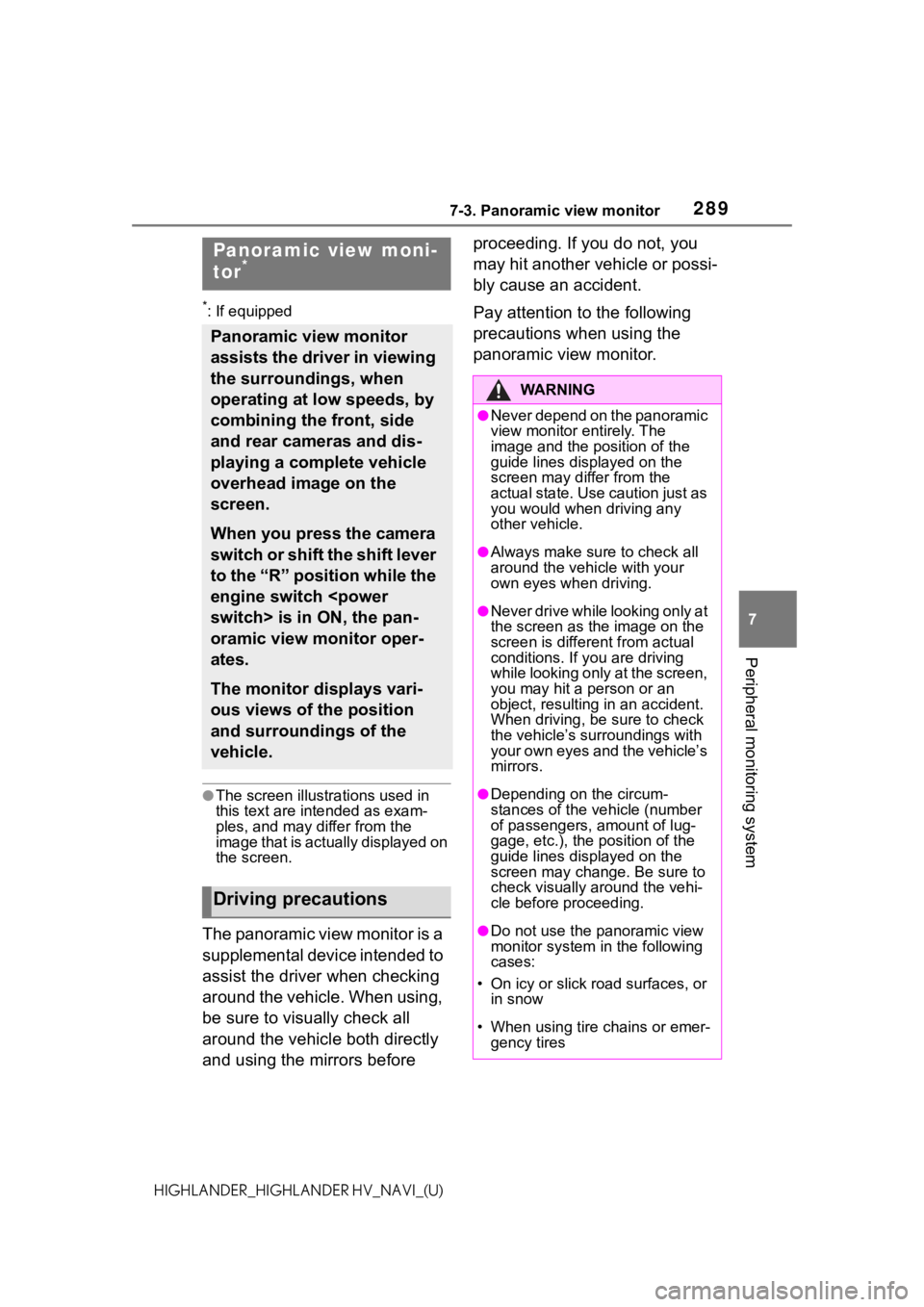 TOYOTA HIGHLANDER 2021  Accessories, Audio & Navigation (in English) 2897-3. Panoramic view monitor
7
Peripheral monitoring system
HIGHLANDER_HIGHLANDER HV_NAVI_(U)
7-3.Panoramic view monitor
*: If equipped
●The screen illustrations used in 
this text are intended as