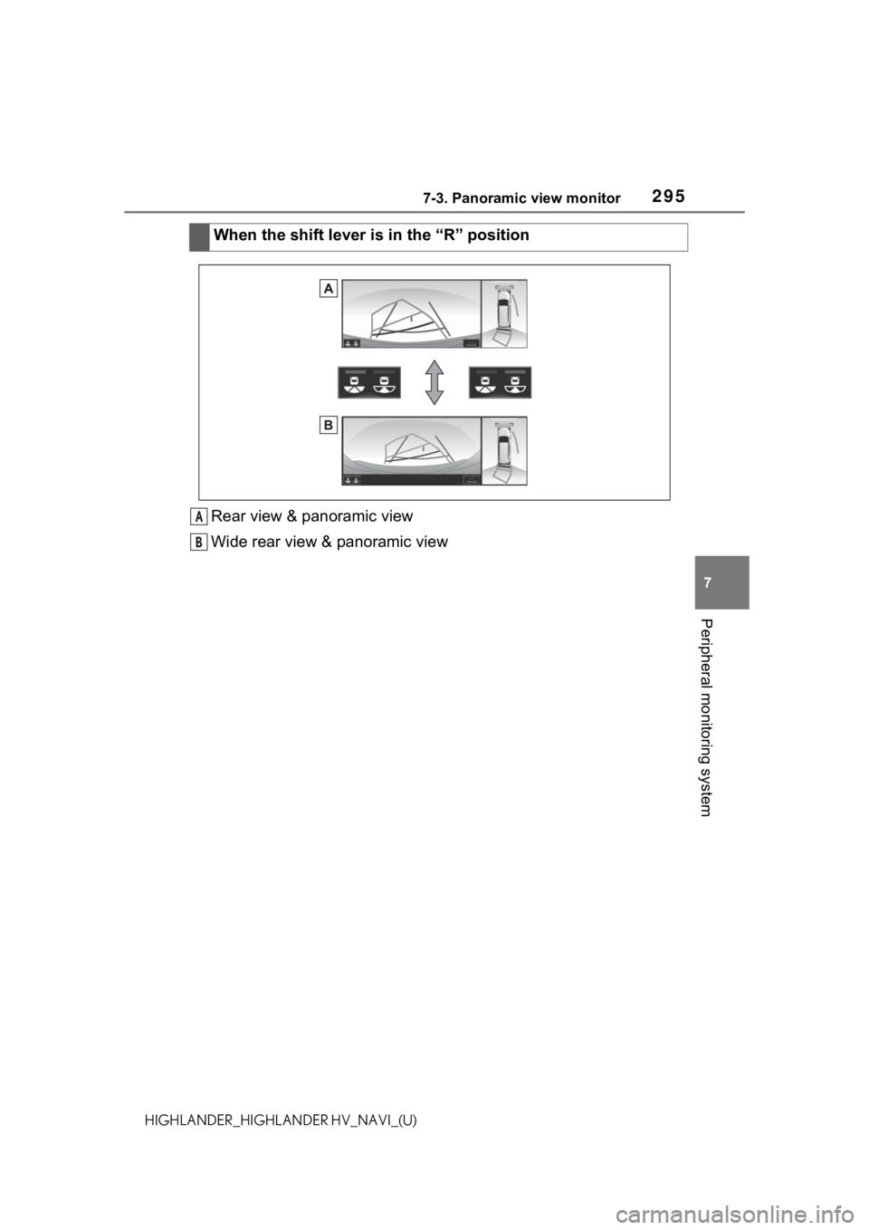 TOYOTA HIGHLANDER 2021 Accessories, Audio & Navigation (in English) 2957-3. Panoramic view monitor
7
Peripheral monitoring system
HIGHLANDER_HIGHLANDER HV_NAVI_(U)
Rear view & panoramic view
Wide rear view & panoramic viewWhen the shift lever is in the “R” positio TOYOTA HIGHLANDER 2021 Accessories, Audio & Navigation (in English) 2957-3. Panoramic view monitor
7
Peripheral monitoring system
HIGHLANDER_HIGHLANDER HV_NAVI_(U)
Rear view & panoramic view
Wide rear view & panoramic viewWhen the shift lever is in the “R” positio