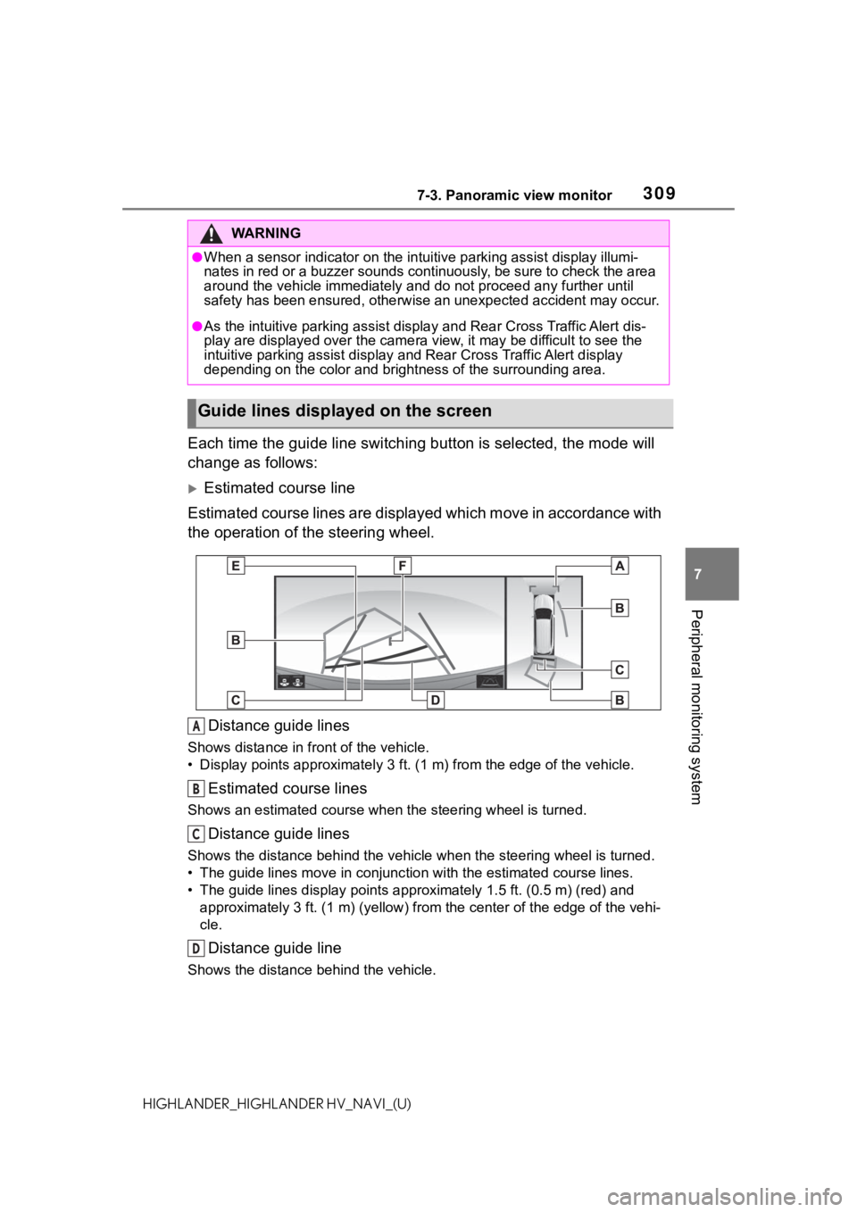 TOYOTA HIGHLANDER 2021 Accessories, Audio & Navigation (in English) 3097-3. Panoramic view monitor
7
Peripheral monitoring system
HIGHLANDER_HIGHLANDER HV_NAVI_(U)
Each time the guide line switching button is selected, the mode will
change as follows:
Estimated co TOYOTA HIGHLANDER 2021 Accessories, Audio & Navigation (in English) 3097-3. Panoramic view monitor
7
Peripheral monitoring system
HIGHLANDER_HIGHLANDER HV_NAVI_(U)
Each time the guide line switching button is selected, the mode will
change as follows:
Estimated co
