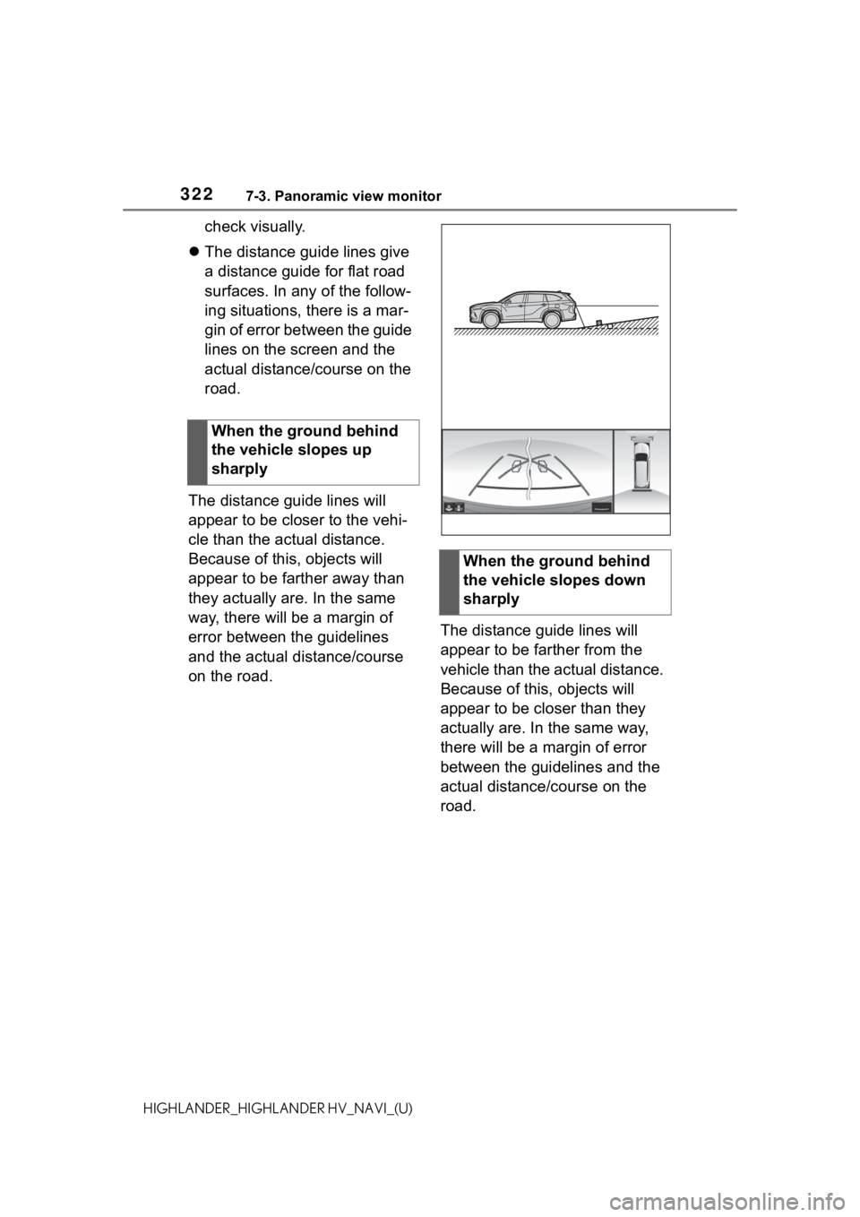 TOYOTA HIGHLANDER 2021 Accessories, Audio & Navigation (in English) 3227-3. Panoramic view monitor
HIGHLANDER_HIGHLANDER HV_NAVI_(U)
check visually.
The distance guide lines give
a distance guide for flat road
surfaces. In any of the follow-
ing situations, ther TOYOTA HIGHLANDER 2021 Accessories, Audio & Navigation (in English) 3227-3. Panoramic view monitor
HIGHLANDER_HIGHLANDER HV_NAVI_(U)
check visually.
The distance guide lines give
a distance guide for flat road
surfaces. In any of the follow-
ing situations, ther