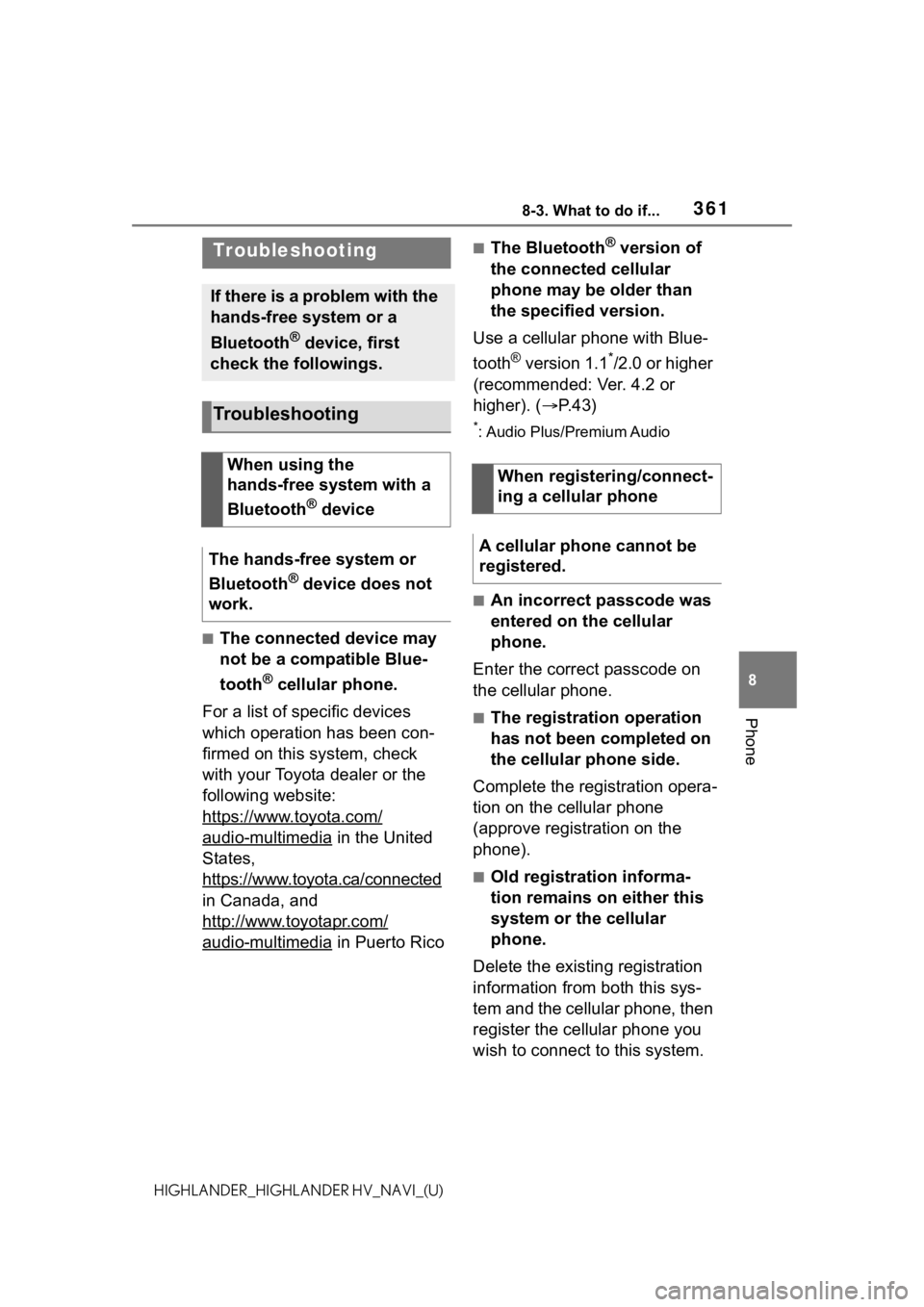 TOYOTA HIGHLANDER 2021 Accessories, Audio & Navigation (in English) 3618-3. What to do if...
8
Phone
HIGHLANDER_HIGHLANDER HV_NAVI_(U)
8-3.What to do if...
■The connected device may
not be a compatible Blue-
tooth
® cellular phone.
For a list of specific devices
TOYOTA HIGHLANDER 2021 Accessories, Audio & Navigation (in English) 3618-3. What to do if...
8
Phone
HIGHLANDER_HIGHLANDER HV_NAVI_(U)
8-3.What to do if...
■The connected device may
not be a compatible Blue-
tooth
® cellular phone.
For a list of specific devices