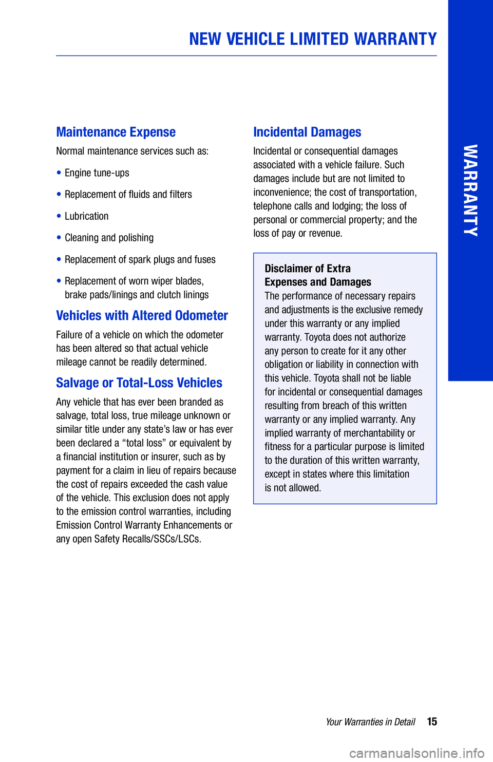 TOYOTA HIGHLANDER 2021  Warranties & Maintenance Guides (in English) 15Your Warranties in Detail
WARRANTY
NEW VEHICLE LIMITED WARRANTY
 
 
Maintenance Expense
Normal maintenance services such as:
• Engine tune-ups
• Replacement of fluids and filters
• Lubrication
