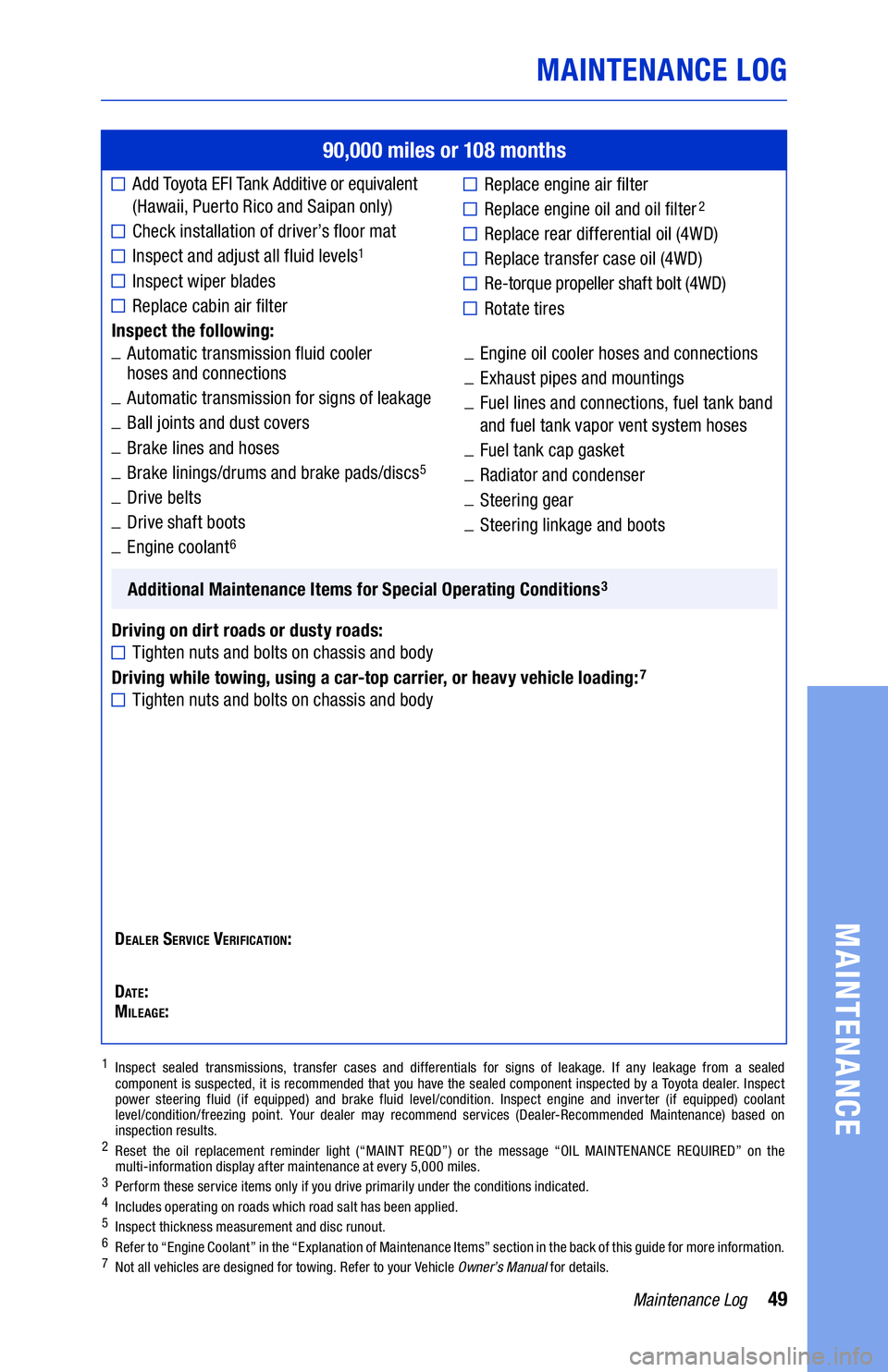TOYOTA HIGHLANDER 2021  Warranties & Maintenance Guides (in English) 49Maintenance Log
MAINTENANCE LOG
MAINTENANCE
90,000 miles or 108 months
	■ Add Toyota EFI Tank Additive or equivalent  
(Hawaii, Puerto Rico and Saipan only) 
	■Check installation of driver’s f