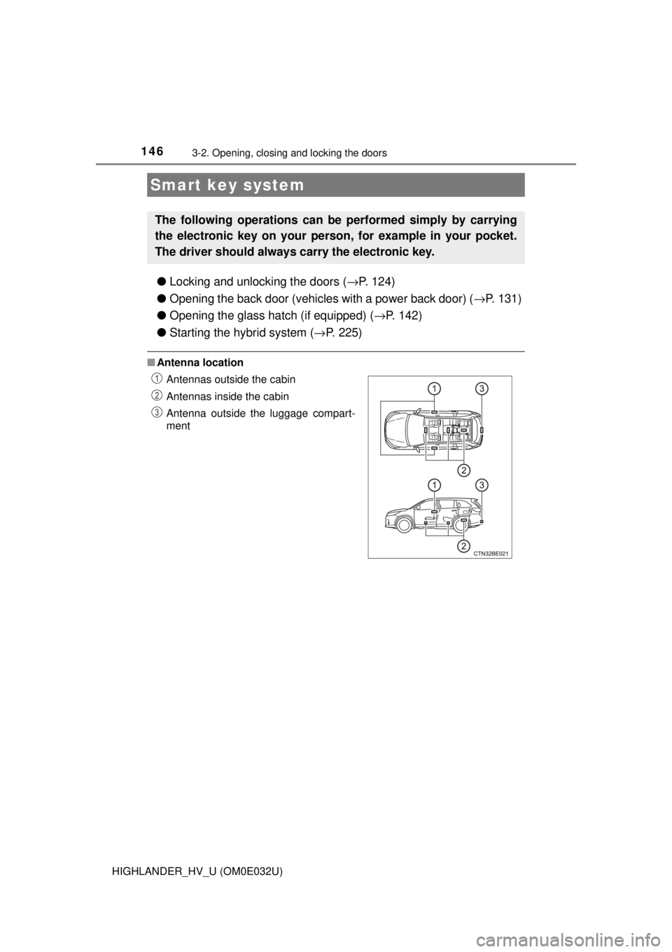 TOYOTA HIGHLANDER HYBRID 2018  Owners Manual (in English) 1463-2. Opening, closing and locking the doors
HIGHLANDER_HV_U (OM0E032U)
●Locking and unlocking the doors ( →P. 124)
● Opening the back door (vehicles with a power back door) ( →P. 131)
● O