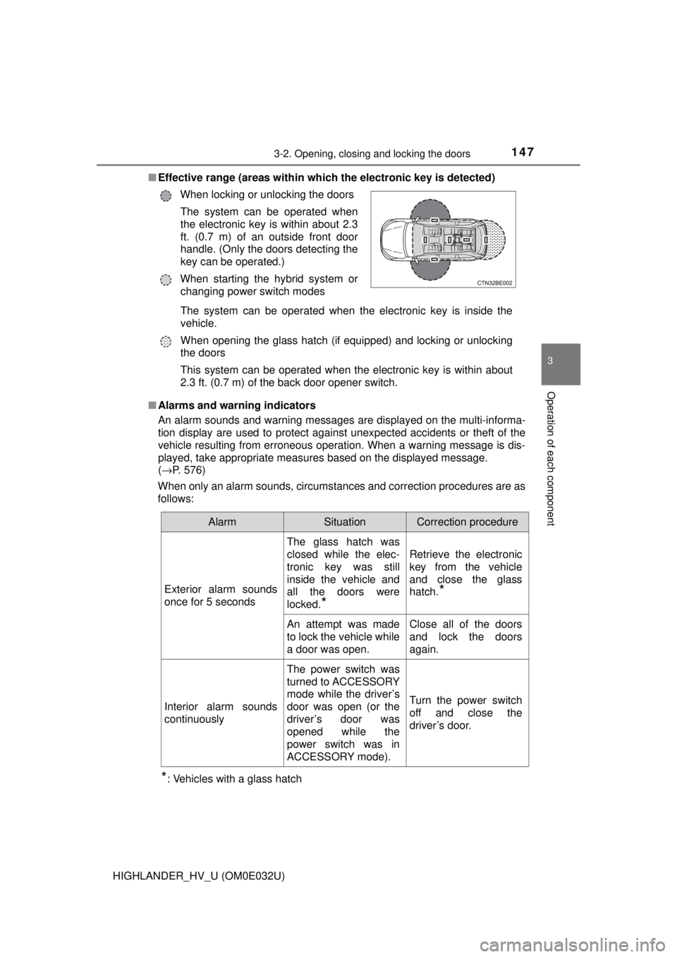 TOYOTA HIGHLANDER HYBRID 2018  Owners Manual (in English) 1473-2. Opening, closing and locking the doors
3
Operation of each component
HIGHLANDER_HV_U (OM0E032U)■
Effective range (areas within whic h the electronic key is detected)
■ Alarms and warning i