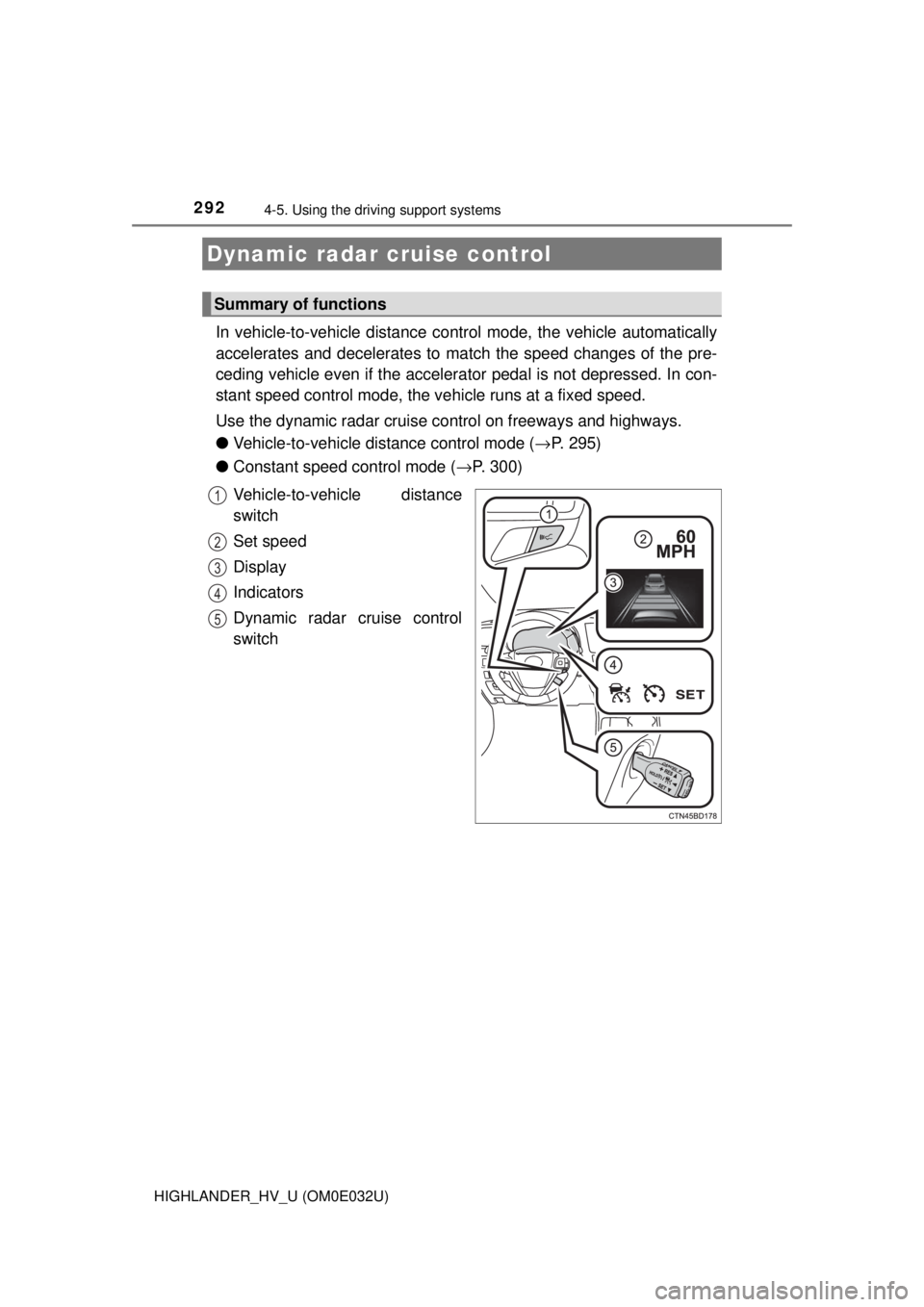 TOYOTA HIGHLANDER HYBRID 2018 Owners Manual (in English) 2924-5. Using the driving support systems
HIGHLANDER_HV_U (OM0E032U)
In vehicle-to-vehicle distance co ntrol mode, the vehicle automatically
accelerates and decelerates to ma tch the speed changes of TOYOTA HIGHLANDER HYBRID 2018 Owners Manual (in English) 2924-5. Using the driving support systems
HIGHLANDER_HV_U (OM0E032U)
In vehicle-to-vehicle distance co ntrol mode, the vehicle automatically
accelerates and decelerates to ma tch the speed changes of