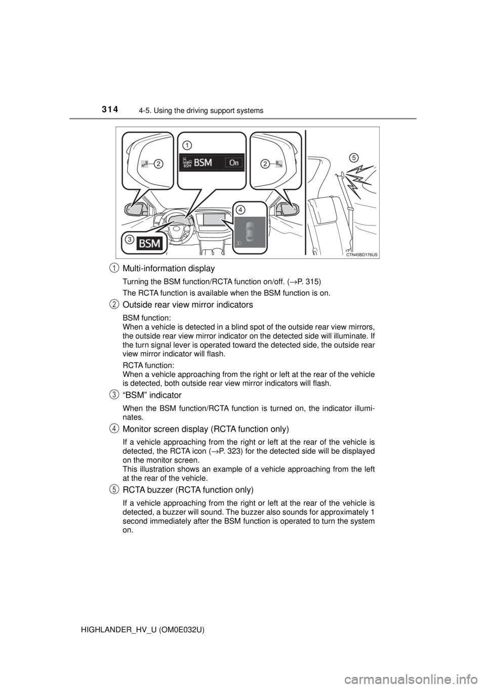TOYOTA HIGHLANDER HYBRID 2018 Owners Manual (in English) 3144-5. Using the driving support systems
HIGHLANDER_HV_U (OM0E032U)
Multi-information display
Turning the BSM function/RCTA function on/off. ( →P. 315)
The RCTA function is available when the BSM f TOYOTA HIGHLANDER HYBRID 2018 Owners Manual (in English) 3144-5. Using the driving support systems
HIGHLANDER_HV_U (OM0E032U)
Multi-information display
Turning the BSM function/RCTA function on/off. ( →P. 315)
The RCTA function is available when the BSM f