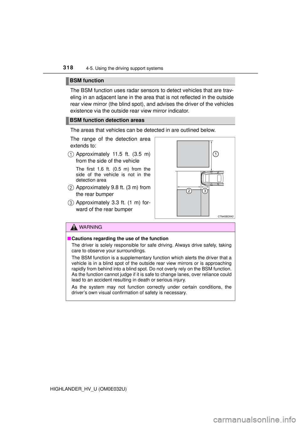 TOYOTA HIGHLANDER HYBRID 2018 Owners Manual (in English) 3184-5. Using the driving support systems
HIGHLANDER_HV_U (OM0E032U)
The BSM function uses radar sensors to detect vehicles that are trav-
eling in an adjacent lane in the area that is not reflected TOYOTA HIGHLANDER HYBRID 2018 Owners Manual (in English) 3184-5. Using the driving support systems
HIGHLANDER_HV_U (OM0E032U)
The BSM function uses radar sensors to detect vehicles that are trav-
eling in an adjacent lane in the area that is not reflected