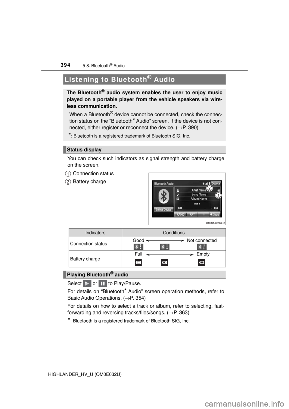 TOYOTA HIGHLANDER HYBRID 2018 Owners Manual (in English) 394
HIGHLANDER_HV_U (OM0E032U)
5-8. Bluetooth® Audio
You can check such indicators as signal strength and battery charge
on the screen.
Connection status
Battery charge
Select or to Play/Pause.
TOYOTA HIGHLANDER HYBRID 2018 Owners Manual (in English) 394
HIGHLANDER_HV_U (OM0E032U)
5-8. Bluetooth® Audio
You can check such indicators as signal strength and battery charge
on the screen.
Connection status
Battery charge
Select or to Play/Pause.