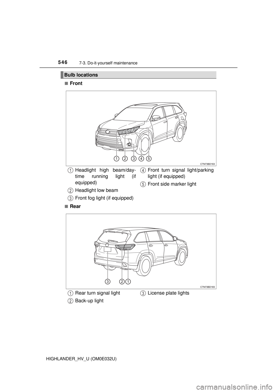 TOYOTA HIGHLANDER HYBRID 2018  Owners Manual (in English) 5467-3. Do-it-yourself maintenance
HIGHLANDER_HV_U (OM0E032U)■
Front
■Rear
Bulb locations
Headlight high beam/day-
time running light (if
equipped)
Headlight low beam
Front fog light (if equipped)