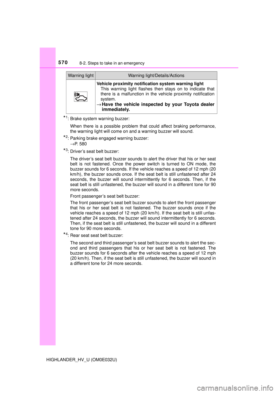 TOYOTA HIGHLANDER HYBRID 2018 Owners Manual (in English) 5708-2. Steps to take in an emergency
HIGHLANDER_HV_U (OM0E032U)
*1: Brake system warning buzzer:When there is a possible problem that could affect braking performance,
the warning light will come on TOYOTA HIGHLANDER HYBRID 2018 Owners Manual (in English) 5708-2. Steps to take in an emergency
HIGHLANDER_HV_U (OM0E032U)
*1: Brake system warning buzzer:When there is a possible problem that could affect braking performance,
the warning light will come on