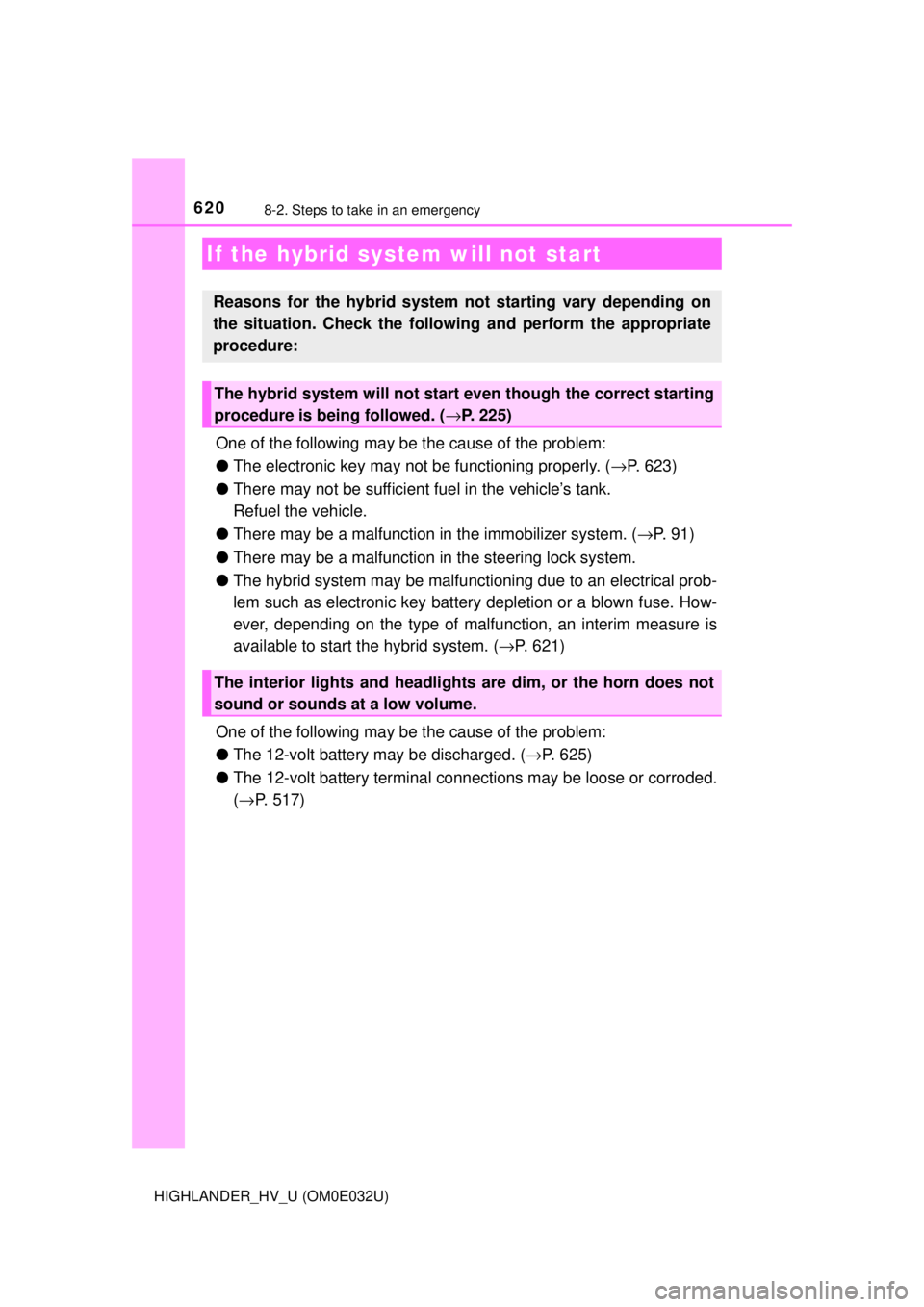 TOYOTA HIGHLANDER HYBRID 2018  Owners Manual (in English) 6208-2. Steps to take in an emergency
HIGHLANDER_HV_U (OM0E032U)
One of the following may be the cause of the problem:
●The electronic key may not be functioning properly. ( →P. 623)
● There may
