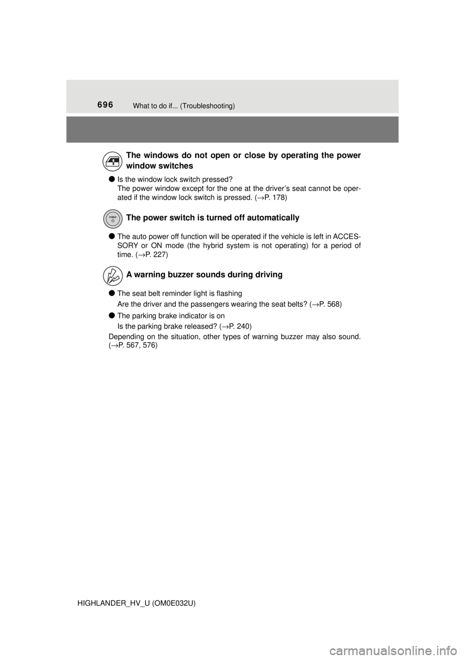 TOYOTA HIGHLANDER HYBRID 2018  Owners Manual (in English) 696What to do if... (Troubleshooting)
HIGHLANDER_HV_U (OM0E032U)
●Is the window lock switch pressed?
The power window except for the one at the driver’s seat cannot be oper-
ated if the window loc