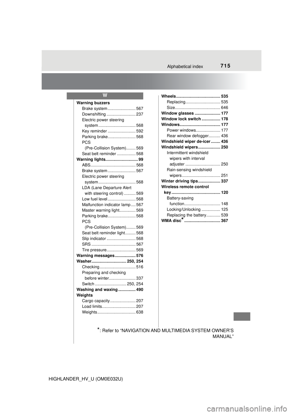 TOYOTA HIGHLANDER HYBRID 2018 Owners Manual (in English) 715Alphabetical index
HIGHLANDER_HV_U (OM0E032U)
Warning buzzersBrake system ....... ................. 567
Downshifting ......................... 237
Electric power steering system ......... ........ TOYOTA HIGHLANDER HYBRID 2018 Owners Manual (in English) 715Alphabetical index
HIGHLANDER_HV_U (OM0E032U)
Warning buzzersBrake system ....... ................. 567
Downshifting ......................... 237
Electric power steering system ......... ........