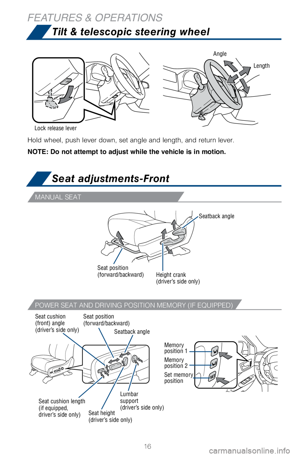 TOYOTA HIGHLANDER HYBRID 2018   (in English) User Guide 16
MANUAL SEAT
POWER SEAT AND DRIVING POSITION MEMORY (IF EQUIPPED)
Hold wheel, push lever down, set angle and length, and return lever.
Angle
Lock release lever
NOTE: Do not attempt to adjust while t