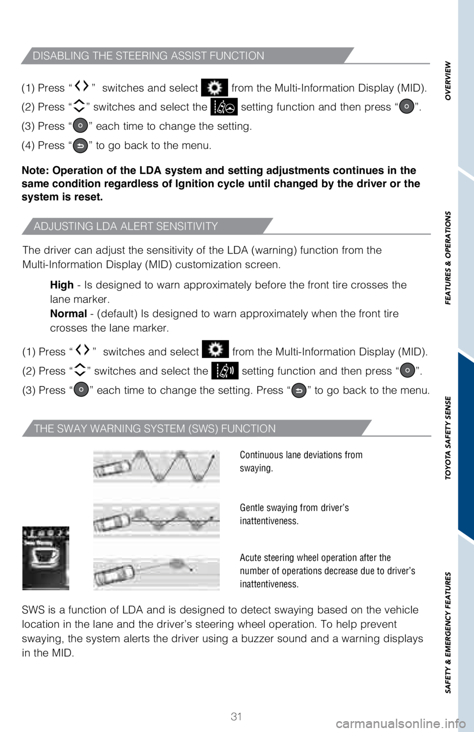 TOYOTA HIGHLANDER HYBRID 2018   (in English) Owners Guide 31
(1) Press “
”  switches and select  from the Multi-Information Display (MID).  
(2) Press “
” switches and select the  setting function and then press “”.
(3) Press “
” each time to