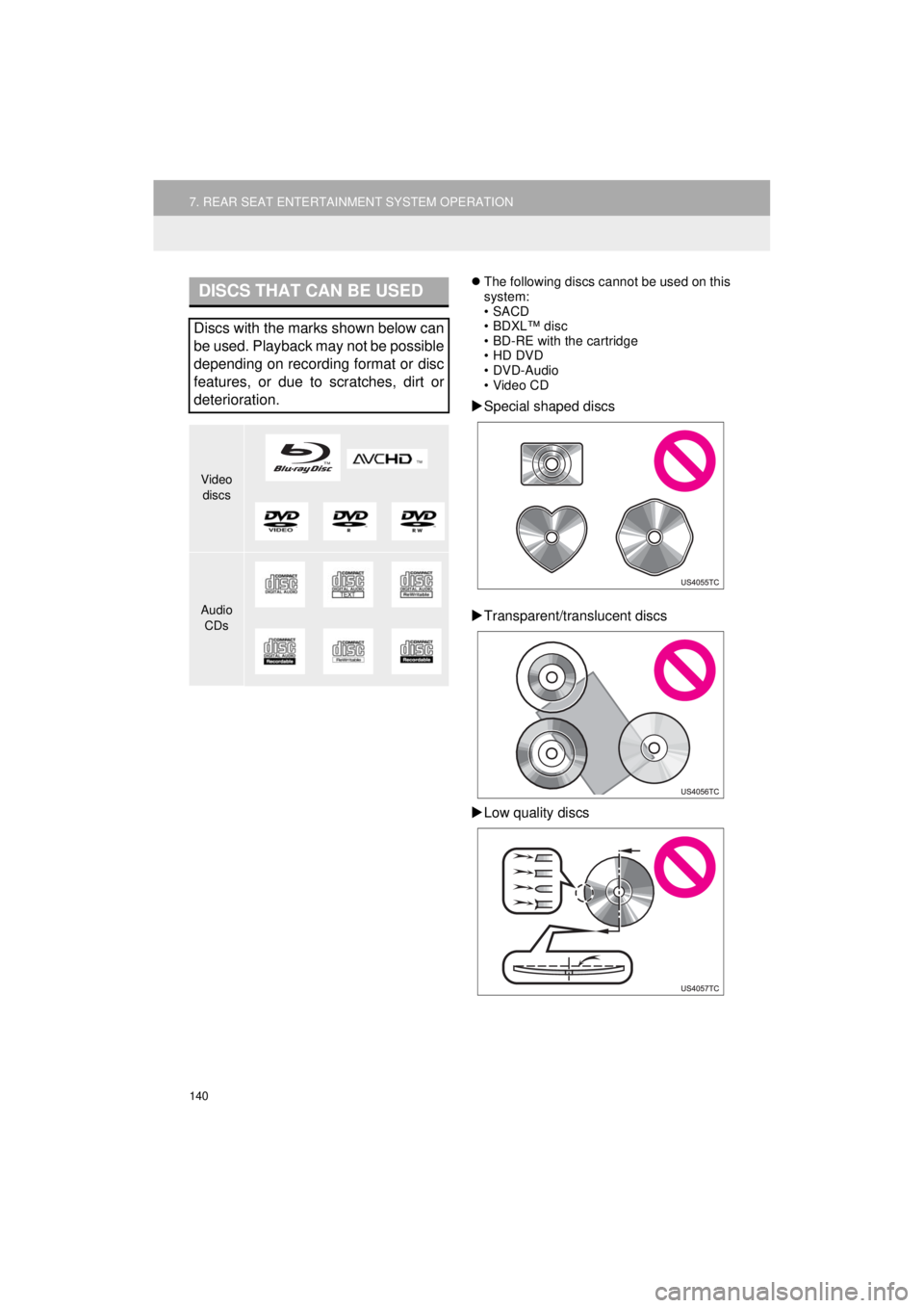 TOYOTA HIGHLANDER HYBRID 2018 Accessories, Audio & Navigation (in English) 140
7. REAR SEAT ENTERTAINMENT SYSTEM OPERATION
HIGHLANDER_Navi_U
The following discs cannot be used on this
system:
•SACD
•BDXL™ disc
• BD-RE with the cartridge
• HD DVD
• DVD-Audio
TOYOTA HIGHLANDER HYBRID 2018 Accessories, Audio & Navigation (in English) 140
7. REAR SEAT ENTERTAINMENT SYSTEM OPERATION
HIGHLANDER_Navi_U
The following discs cannot be used on this
system:
•SACD
•BDXL™ disc
• BD-RE with the cartridge
• HD DVD
• DVD-Audio
