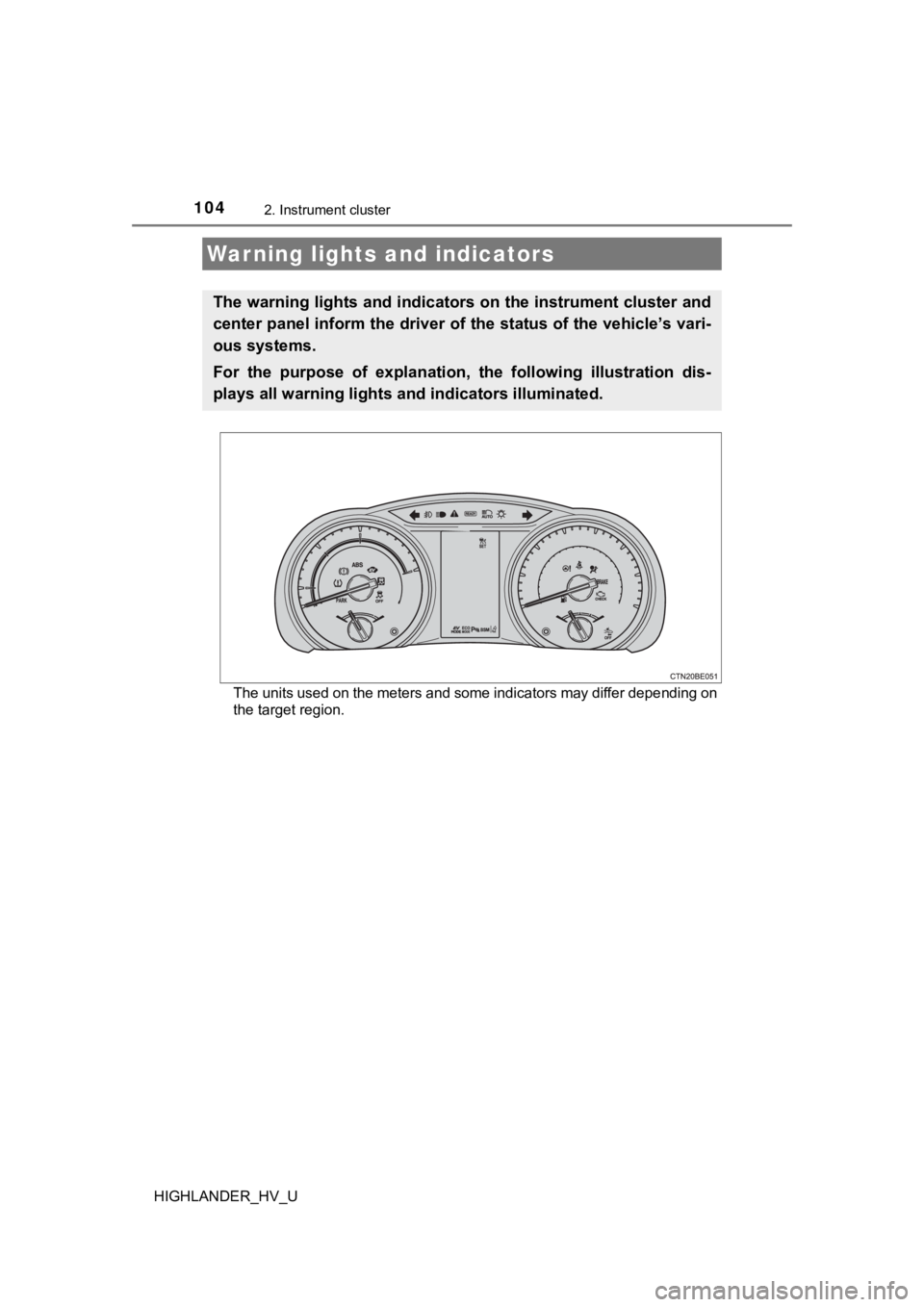 TOYOTA HIGHLANDER HYBRID 2019 Owners Manual (in English) 104
HIGHLANDER_HV_U
2. Instrument cluster
The units used on the meters and some indicators may differ depending on
the target region.
Warning lights and indicators
The warning lights and indicators on TOYOTA HIGHLANDER HYBRID 2019 Owners Manual (in English) 104
HIGHLANDER_HV_U
2. Instrument cluster
The units used on the meters and some indicators may differ depending on
the target region.
Warning lights and indicators
The warning lights and indicators on