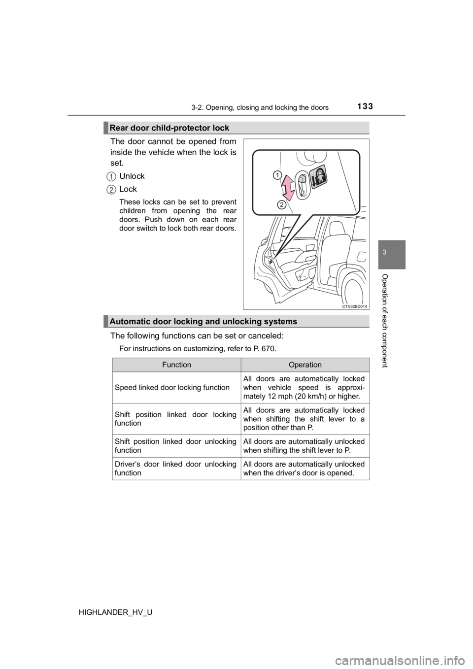 TOYOTA HIGHLANDER HYBRID 2019 Owners Manual (in English) 1333-2. Opening, closing and locking the doors
3
Operation of each component
HIGHLANDER_HV_U
The door cannot be opened from
inside the vehicle when the lock is
set.Unlock
Lock
These locks can TOYOTA HIGHLANDER HYBRID 2019 Owners Manual (in English) 1333-2. Opening, closing and locking the doors
3
Operation of each component
HIGHLANDER_HV_U
The door cannot be opened from
inside the vehicle when the lock is
set.Unlock
Lock
These locks can
