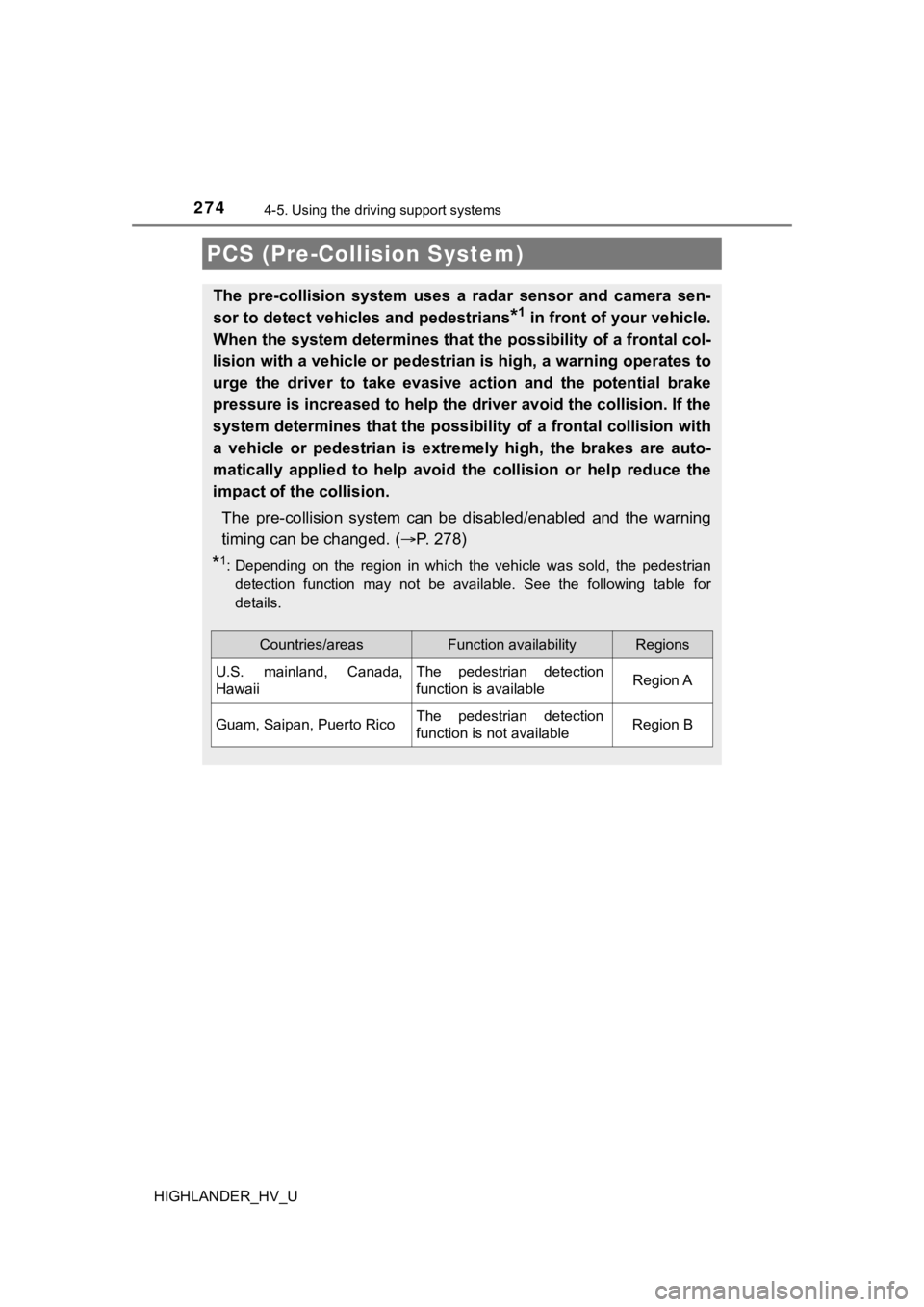 TOYOTA HIGHLANDER HYBRID 2019  Owners Manual (in English) 2744-5. Using the driving support systems
HIGHLANDER_HV_U
PCS (Pre-Collision System)
The  pre-collision  system  uses  a  radar  sensor  and  camera  sen-
sor to detect vehicles and pedestrians
*1 in 