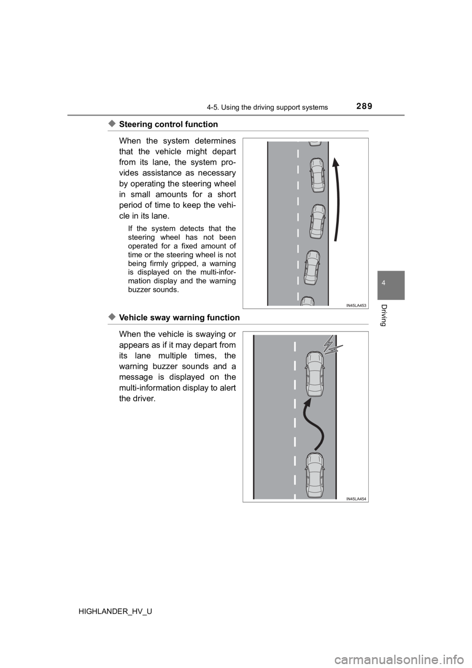 TOYOTA HIGHLANDER HYBRID 2019  Owners Manual (in English) 2894-5. Using the driving support systems
4
Driving
HIGHLANDER_HV_U
◆Steering control function
When  the  system  determines
that  the  vehicle  might  depart
from  its  lane,  the  system  pro-
vid