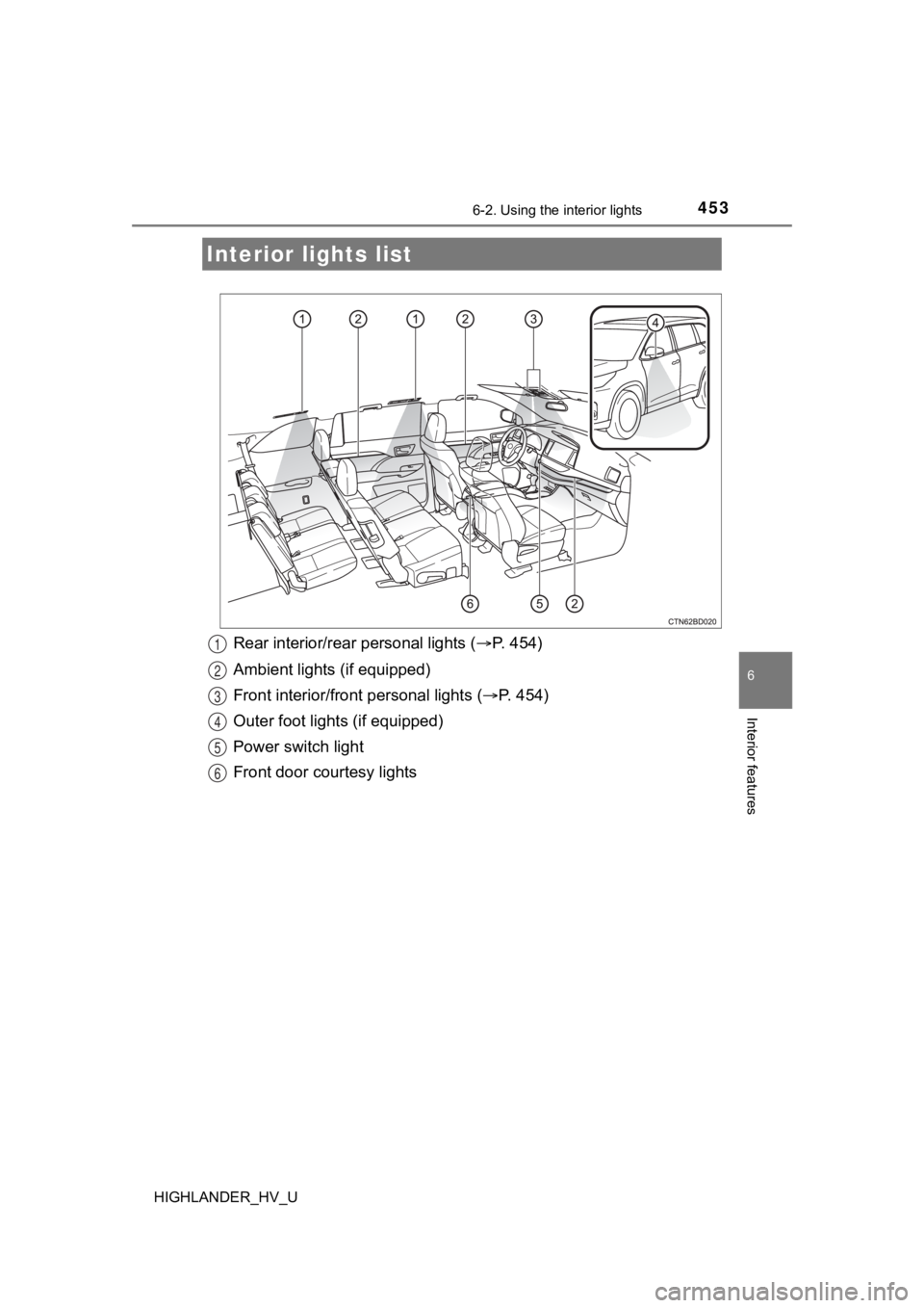 TOYOTA HIGHLANDER HYBRID 2019  Owners Manual (in English) 453
6
Interior features
HIGHLANDER_HV_U
6-2. Using the interior lights
Rear interior/rear personal lights (P.   4 5 4 )
Ambient lights (if equipped)
Front interior/front personal lights ( P. 454