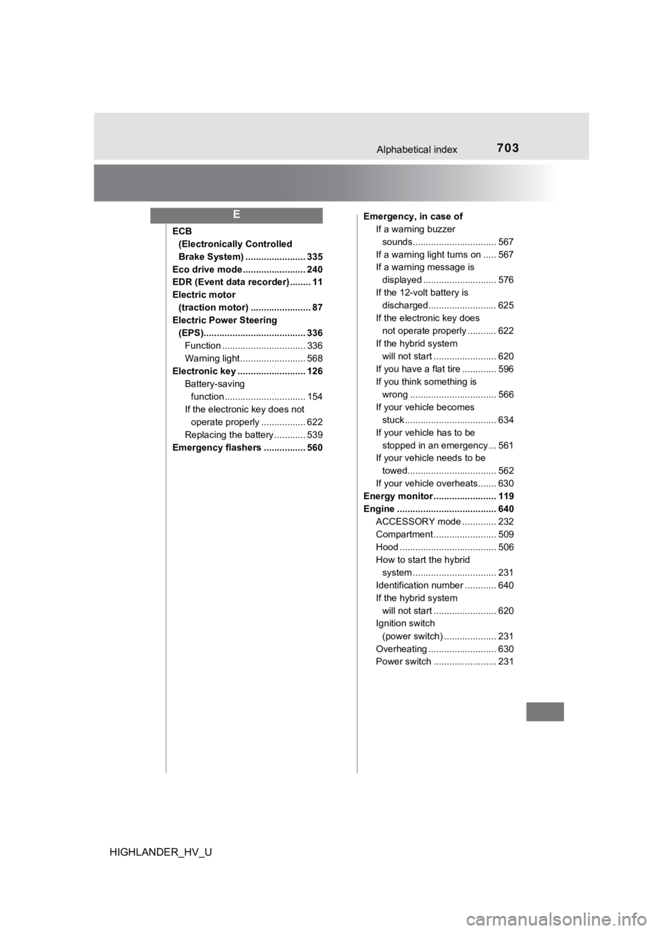 TOYOTA HIGHLANDER HYBRID 2019 Owners Manual (in English) 703Alphabetical index
HIGHLANDER_HV_U
ECB (Electronically Controlled
Brake System) ....................... 335
Eco drive mode ........................ 240
EDR (Event data recorder) ........ 11
Electr TOYOTA HIGHLANDER HYBRID 2019 Owners Manual (in English) 703Alphabetical index
HIGHLANDER_HV_U
ECB (Electronically Controlled
Brake System) ....................... 335
Eco drive mode ........................ 240
EDR (Event data recorder) ........ 11
Electr