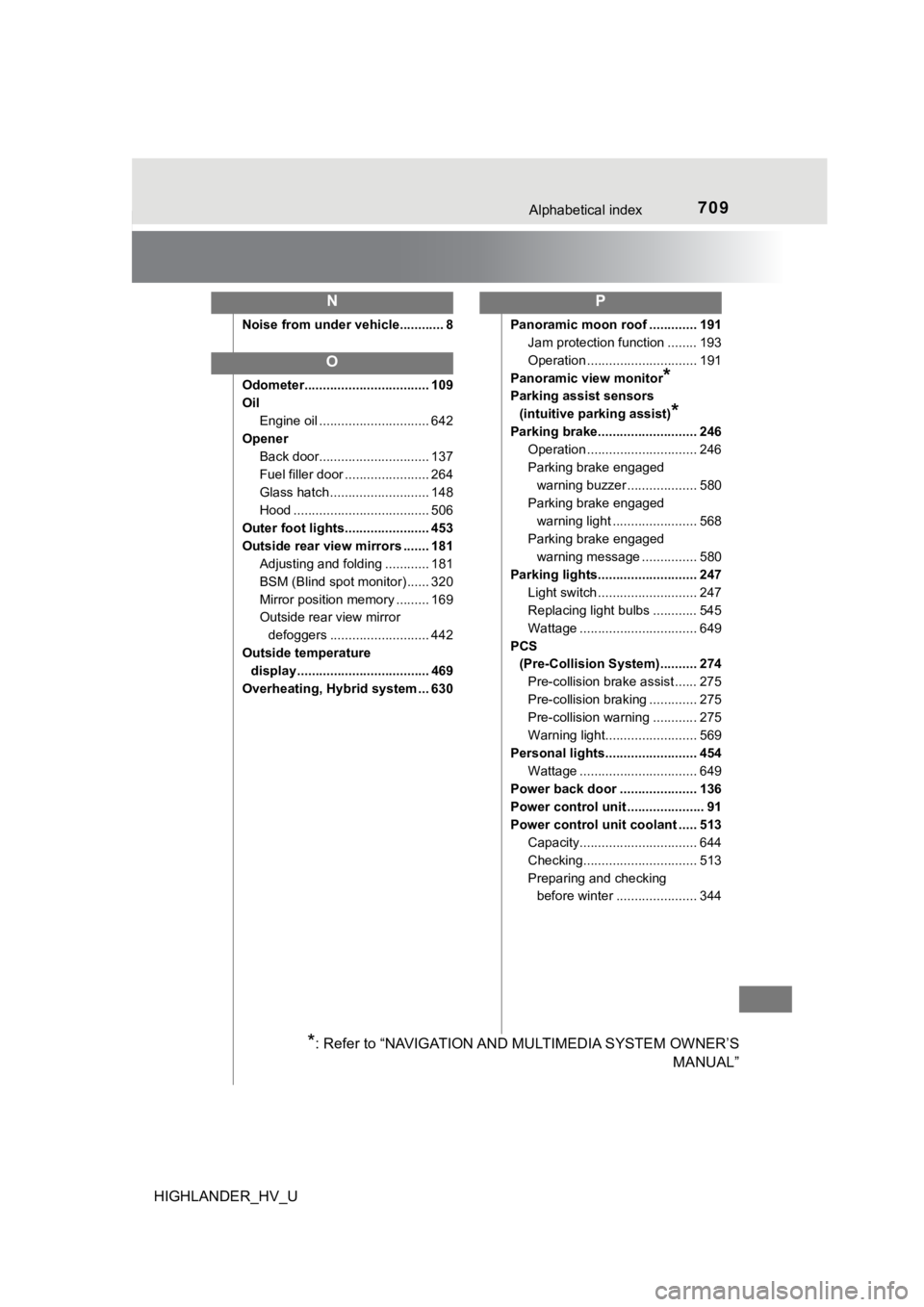 TOYOTA HIGHLANDER HYBRID 2019 Owners Manual (in English) 709Alphabetical index
HIGHLANDER_HV_U
Noise from under vehicle............ 8
Odometer.................................. 109
OilEngine oil .............................. 642
Opener Back door........... TOYOTA HIGHLANDER HYBRID 2019 Owners Manual (in English) 709Alphabetical index
HIGHLANDER_HV_U
Noise from under vehicle............ 8
Odometer.................................. 109
OilEngine oil .............................. 642
Opener Back door...........