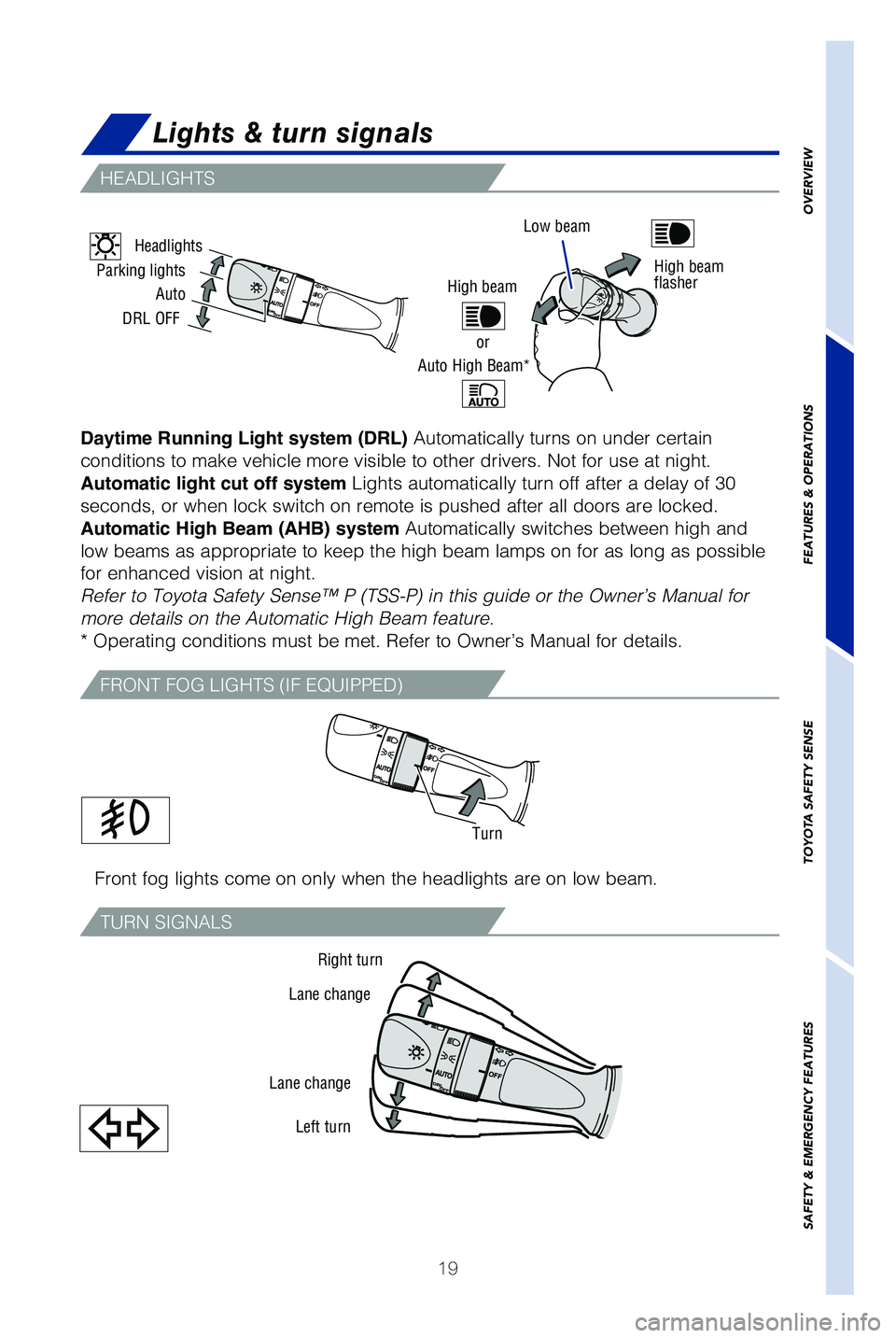 TOYOTA HIGHLANDER HYBRID 2019 (in English) Owners Manual 19
OVERVIEW
FEATURES & OPERATIONS
TOYOTA SAFETY SENSE
SAFETY & EMERGENCY FEATURES
Front fog lights come on only when the headlights are on low beam.
Daytime Running Light system (DRL) Automatically t TOYOTA HIGHLANDER HYBRID 2019 (in English) Owners Manual 19
OVERVIEW
FEATURES & OPERATIONS
TOYOTA SAFETY SENSE
SAFETY & EMERGENCY FEATURES
Front fog lights come on only when the headlights are on low beam.
Daytime Running Light system (DRL) Automatically t