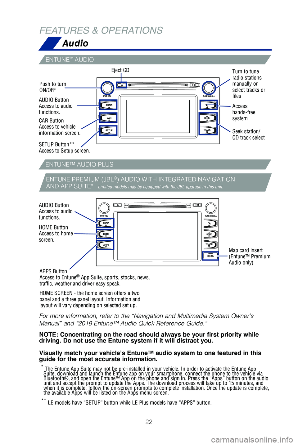 TOYOTA HIGHLANDER HYBRID 2019 (in English) Owners Manual 22
Seek station/
CD track select
Eject CD
Push to turn
ON/OFF Turn to tune
radio stations
manually or
select tracks or
files
Access
hands-free
system
* The Entune App Suite may not be pre-instal TOYOTA HIGHLANDER HYBRID 2019 (in English) Owners Manual 22
Seek station/
CD track select
Eject CD
Push to turn
ON/OFF Turn to tune
radio stations
manually or
select tracks or
files
Access
hands-free
system
* The Entune App Suite may not be pre-instal
