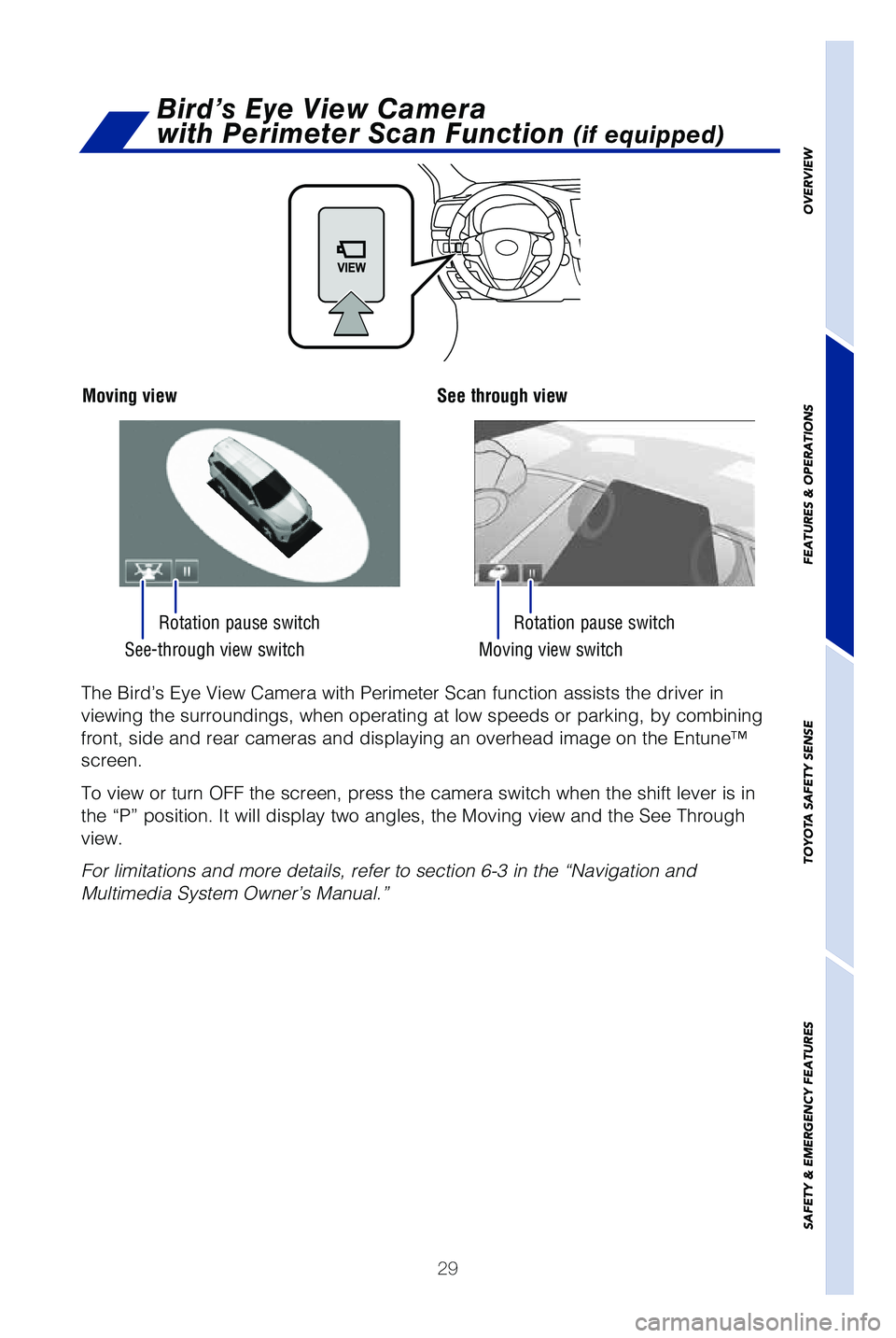 TOYOTA HIGHLANDER HYBRID 2019 (in English) Owners Guide 29
OVERVIEW
FEATURES & OPERATIONS
TOYOTA SAFETY SENSE
SAFETY & EMERGENCY FEATURES
See-through view switch Moving view switch
Rotation pause switch
Rotation pause switch
The Bird’s Eye View Camera wi TOYOTA HIGHLANDER HYBRID 2019 (in English) Owners Guide 29
OVERVIEW
FEATURES & OPERATIONS
TOYOTA SAFETY SENSE
SAFETY & EMERGENCY FEATURES
See-through view switch Moving view switch
Rotation pause switch
Rotation pause switch
The Bird’s Eye View Camera wi